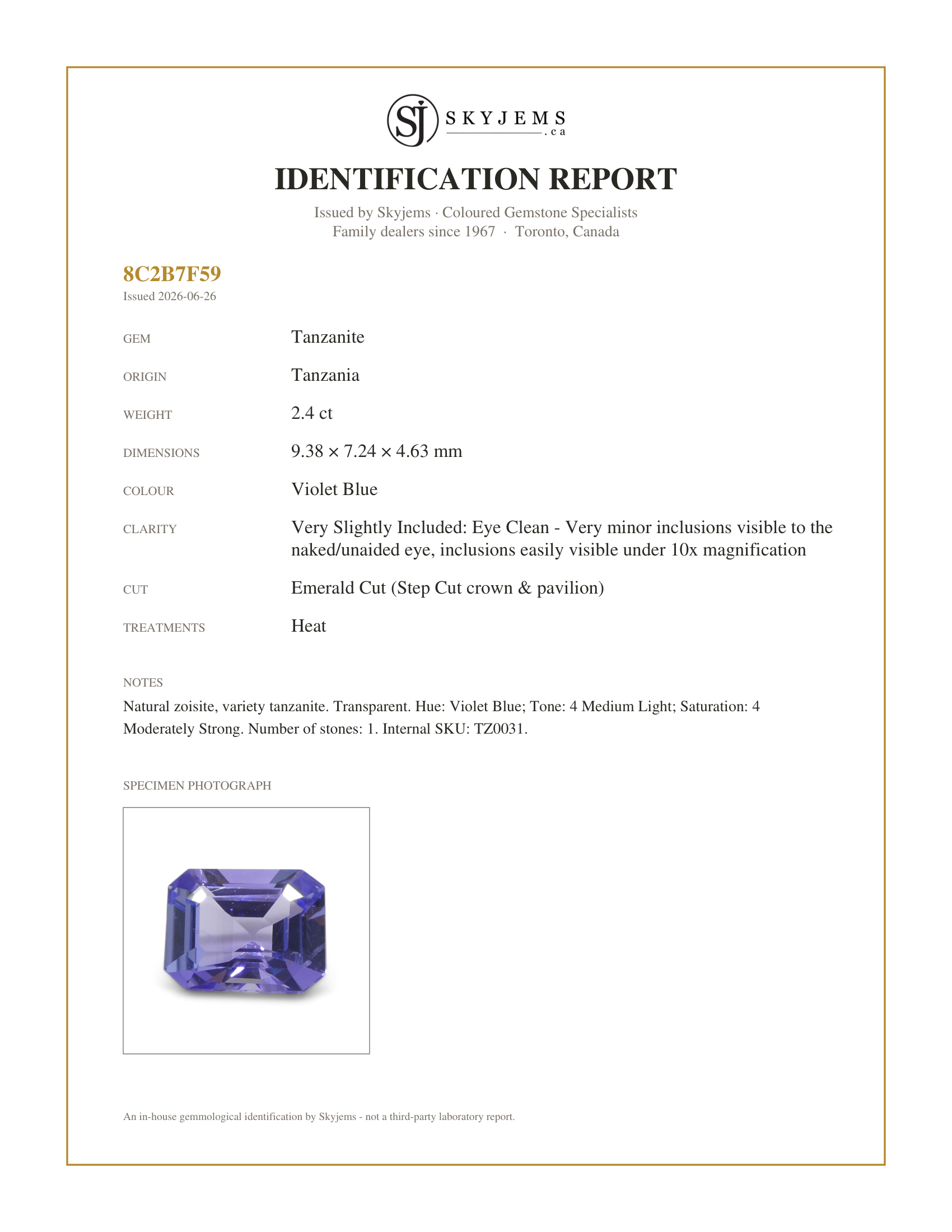 Skyjems Identification Report for TZ0031 — 2.4ct Emerald Cut Violet Blue Tanzanite from Tanzania