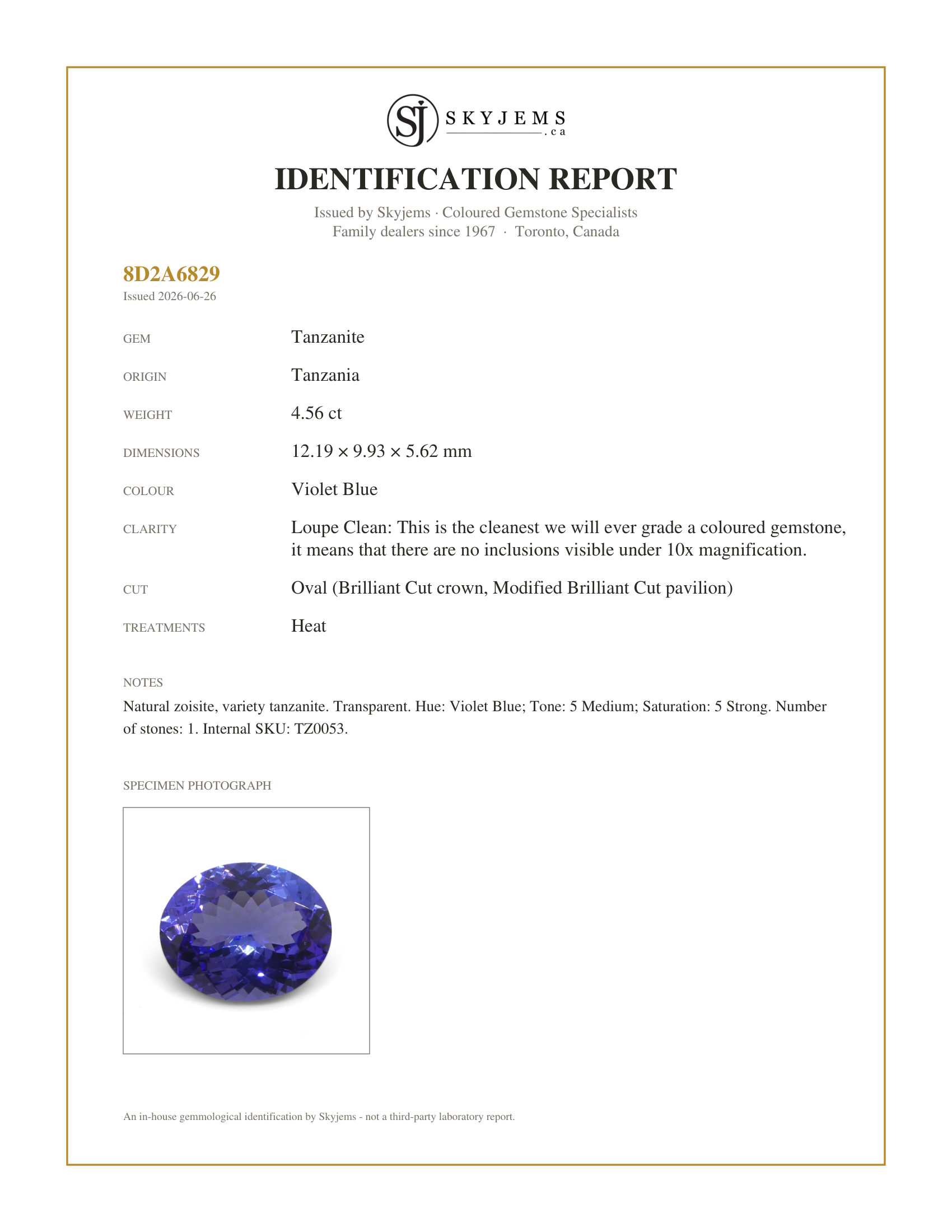 Skyjems Identification Report for TZ0053 — 4.56ct Oval Violet Blue Tanzanite from Tanzania