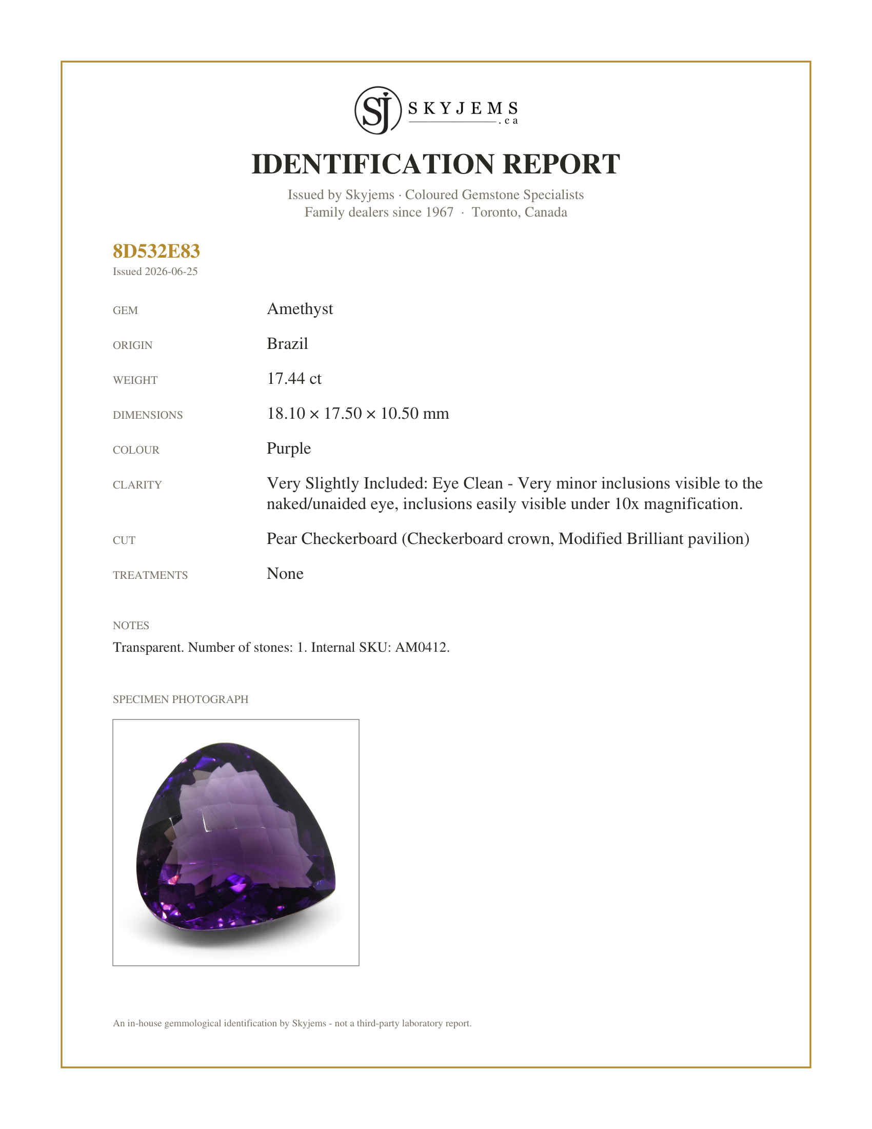 Skyjems Identification Report for AM0412 — 17.44 ct Pear Checkerboard Amethyst