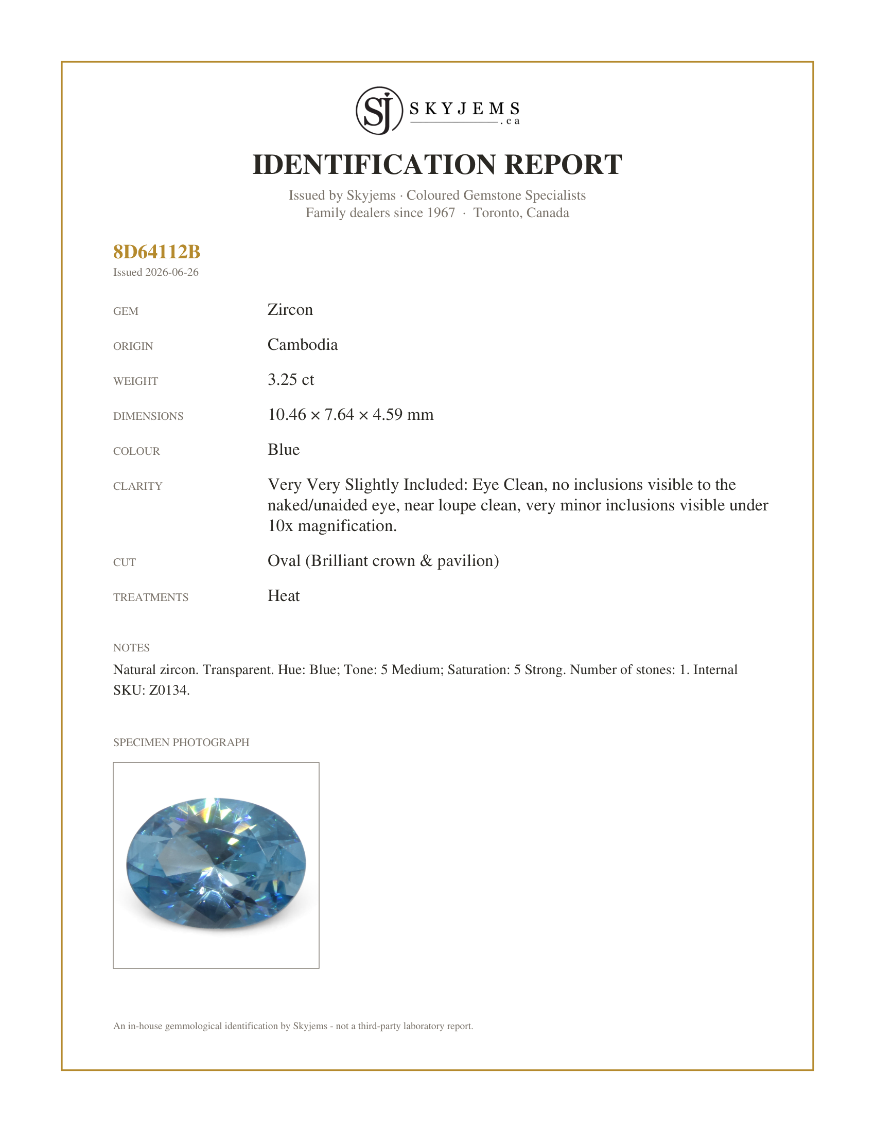 Skyjems Identification Report for Z0134 — 3.25ct Natural Earth Mined Oval Master Brilliant Cut Blue Zircon from Cambodia