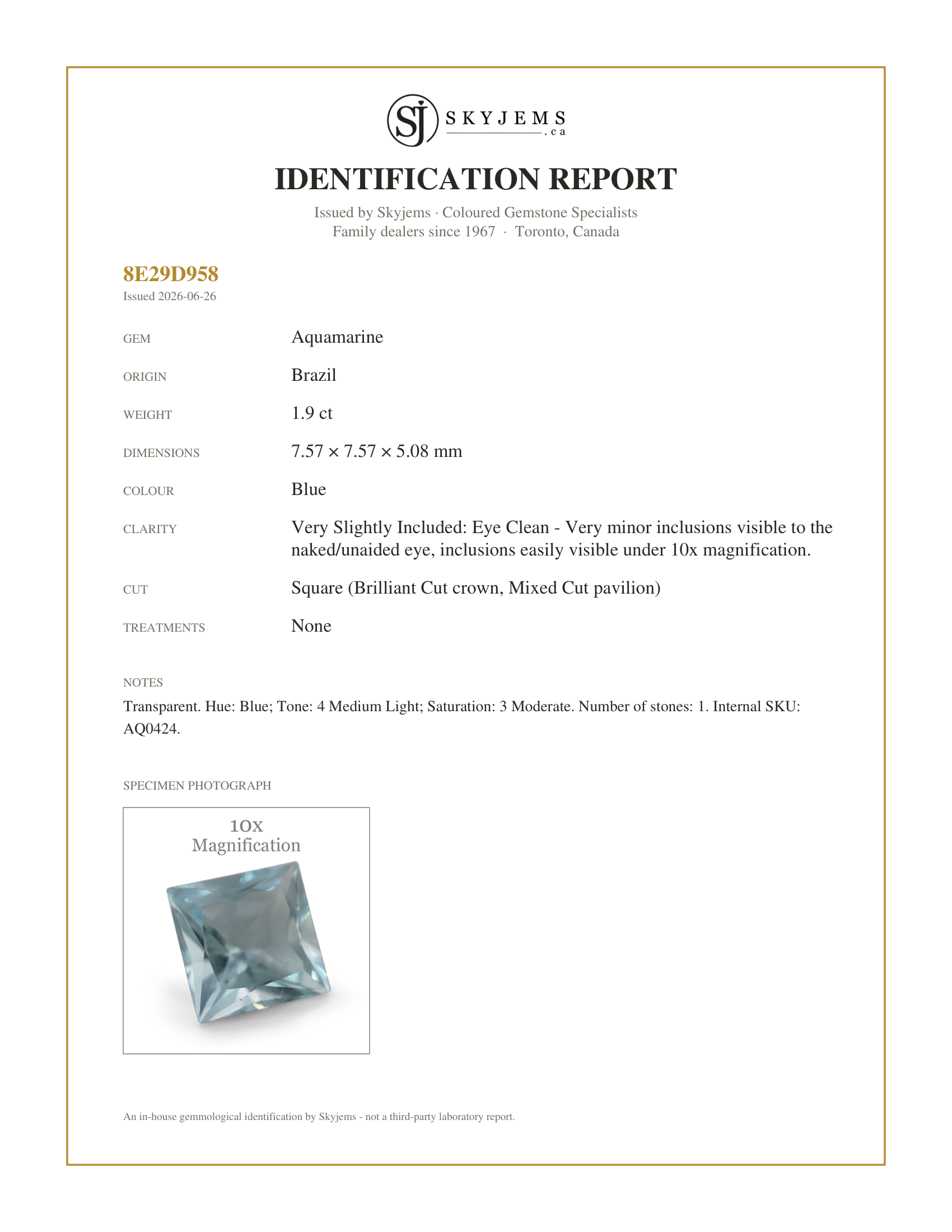 Skyjems Identification Report for AQ0424 — 1.9ct Square Aquamarine
