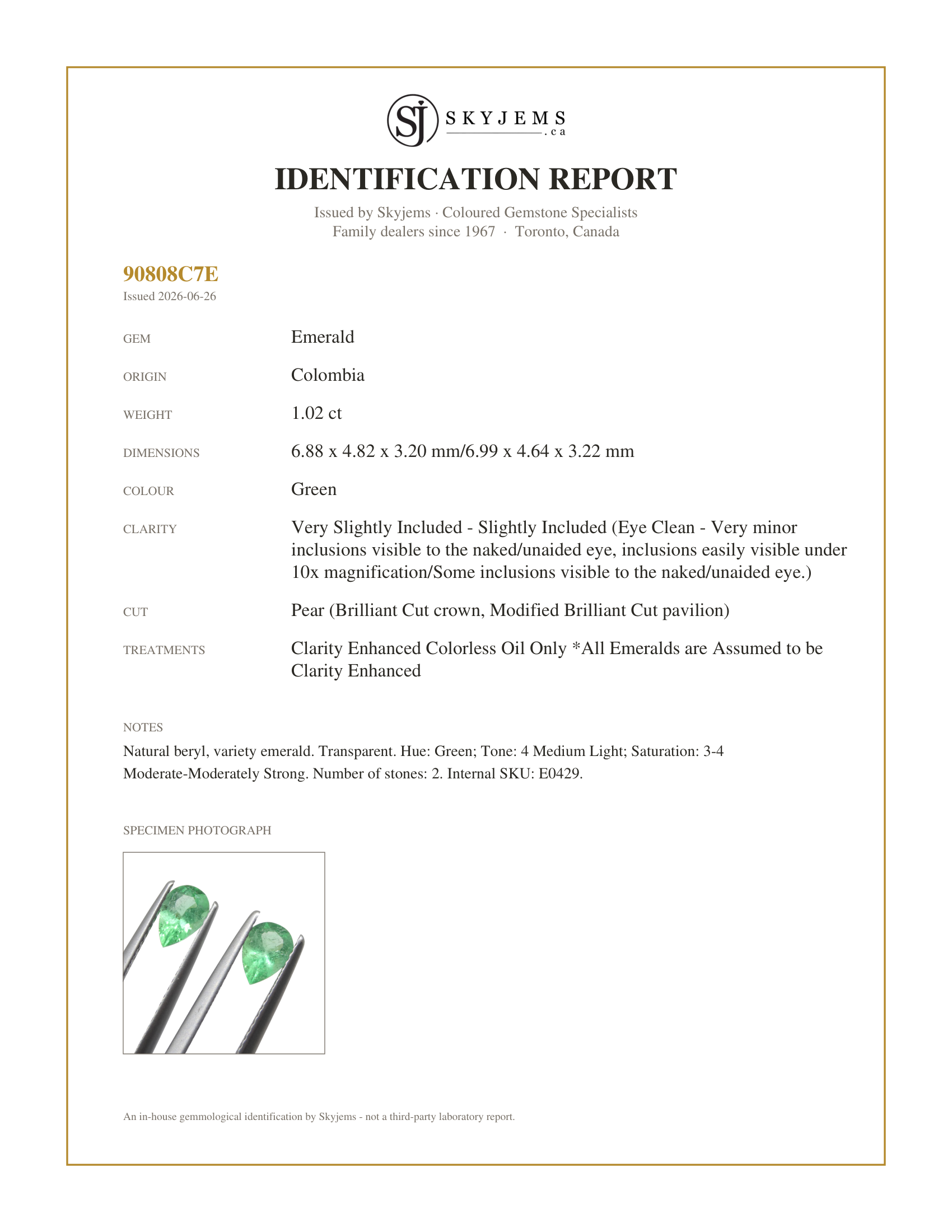 Skyjems Identification Report for E0429 — 1.02ct Pair Pear Green Emerald from Colombia