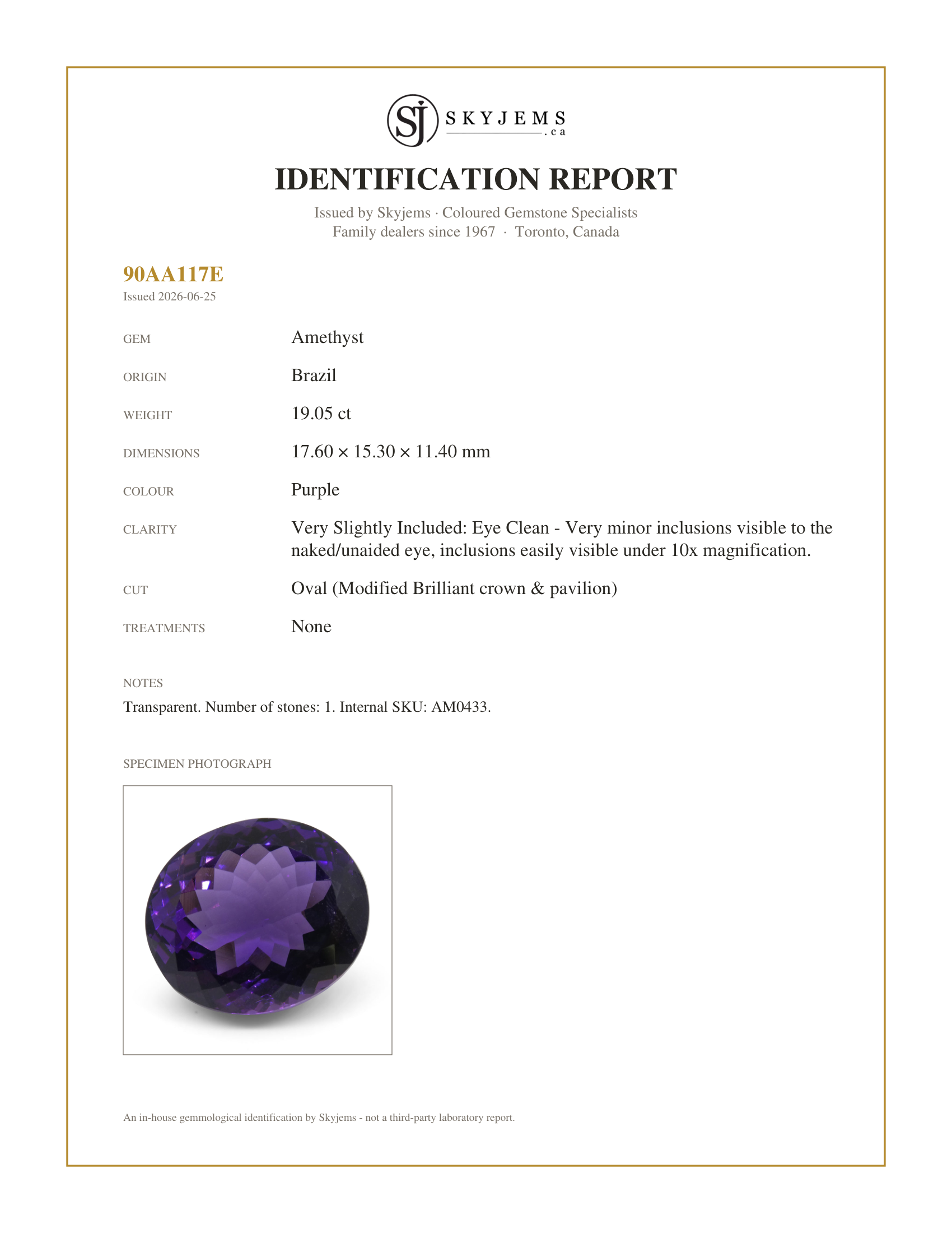 Skyjems Identification Report for AM0433 — 19.05 ct Oval Amethyst