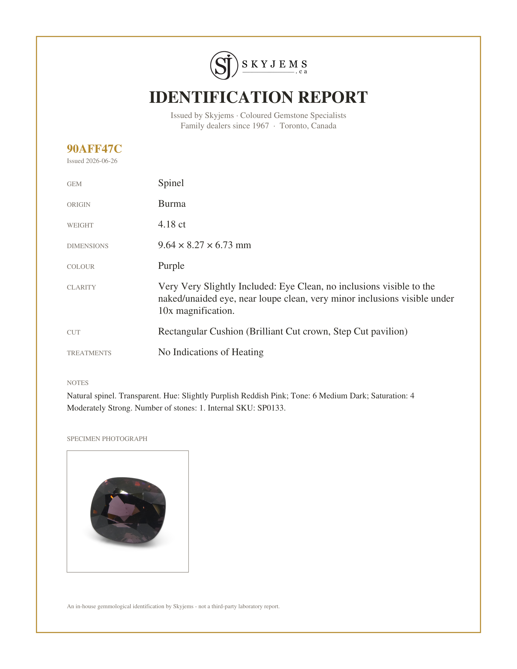 Skyjems Identification Report for SP0133 — 4.18ct Rectangular Cushion Purple Spinel from Burma