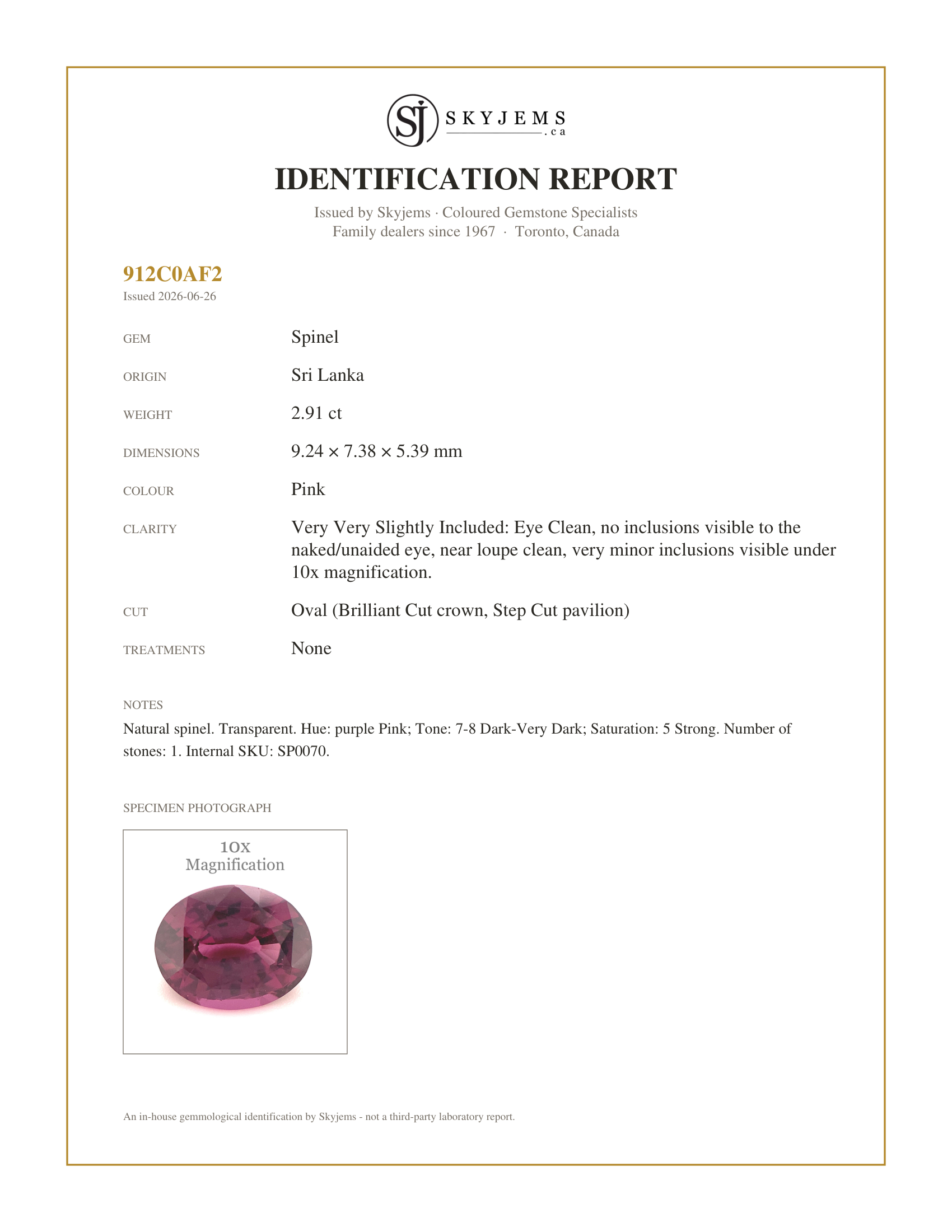 Skyjems Identification Report for SP0070 — 2.91ct Oval Purplish Pink Spinel from Sri Lanka Unheated