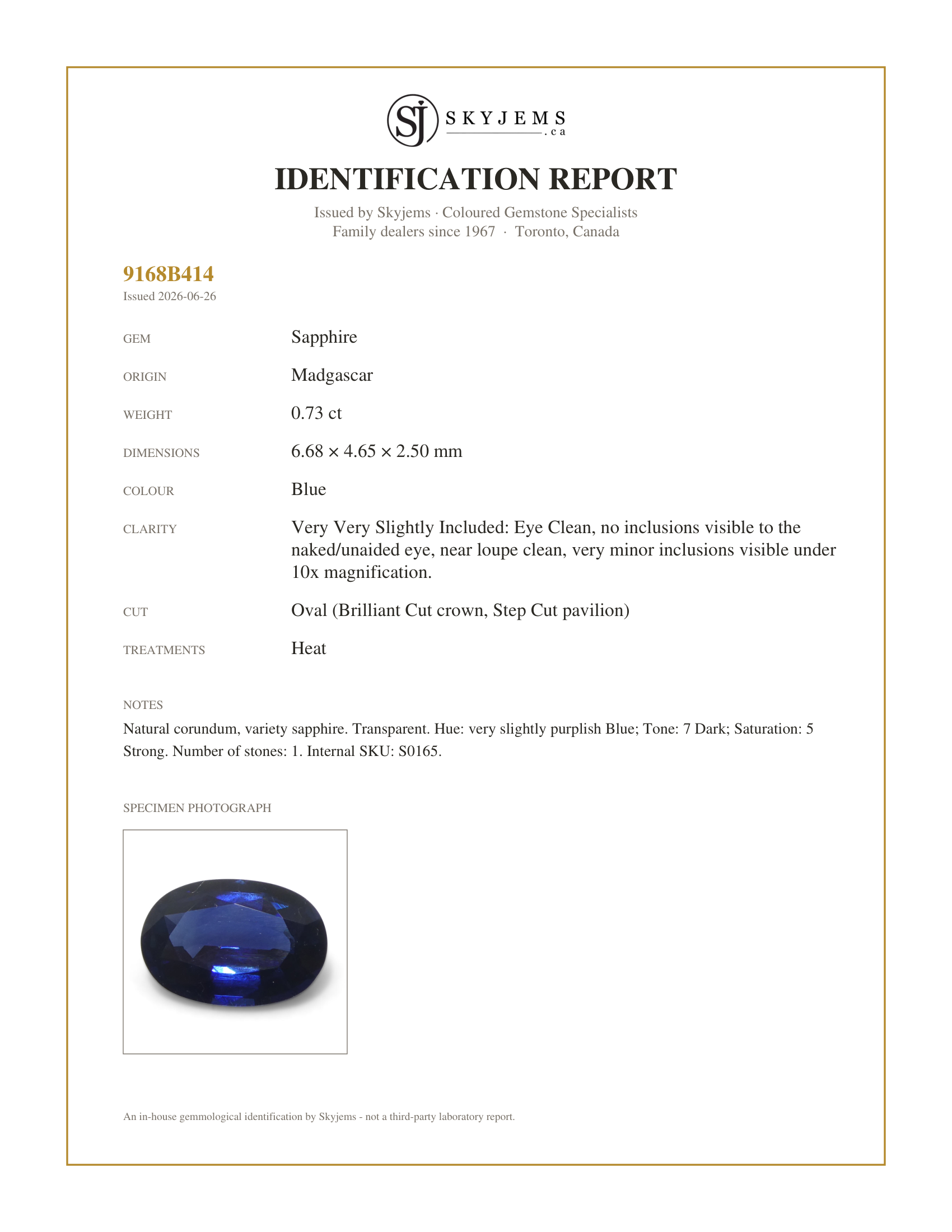 Skyjems Identification Report for S0165 — 0.73ct Oval Blue Sapphire from Madagascar