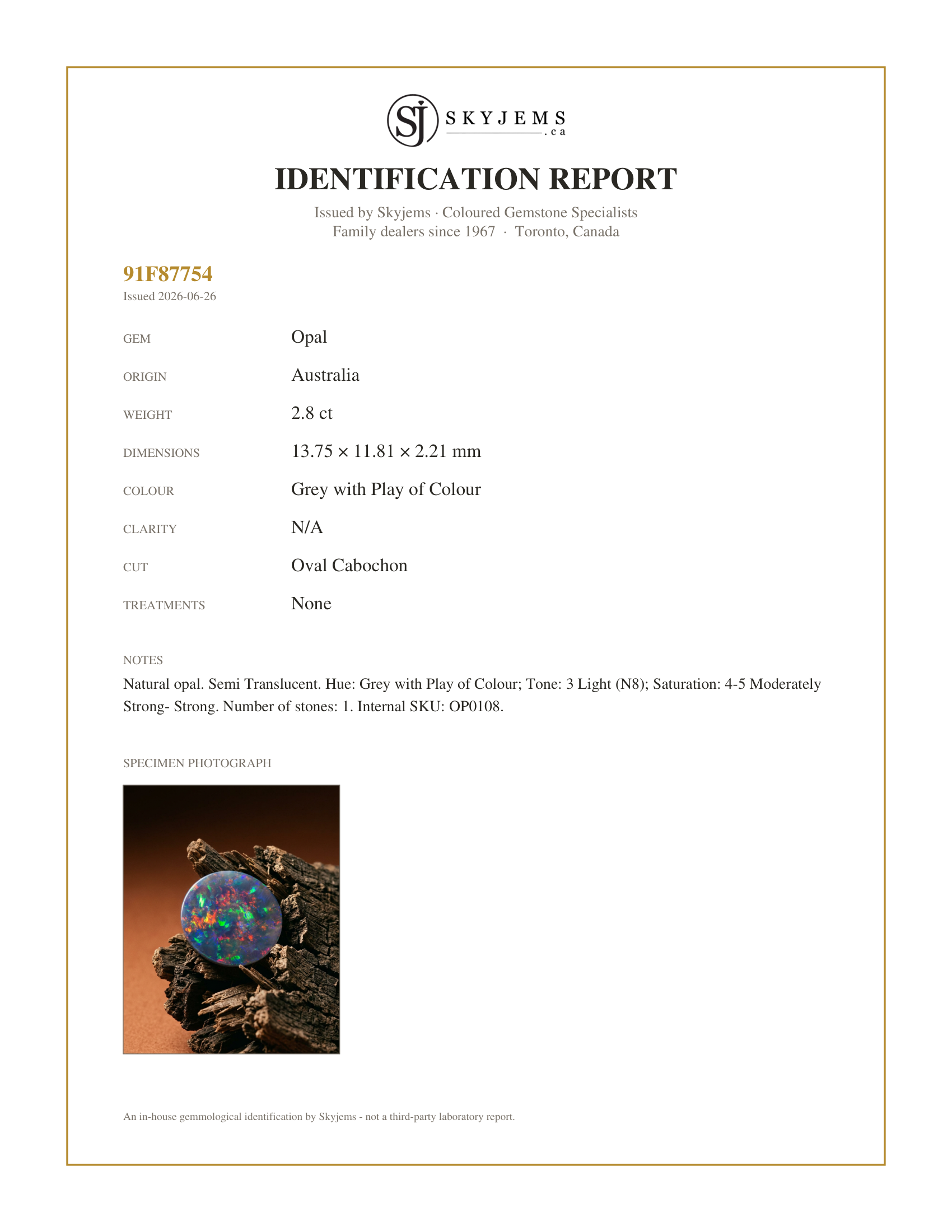 Skyjems Identification Report for OP0108 — 2.8ct Oval Cabochon Grey Opal from Australia