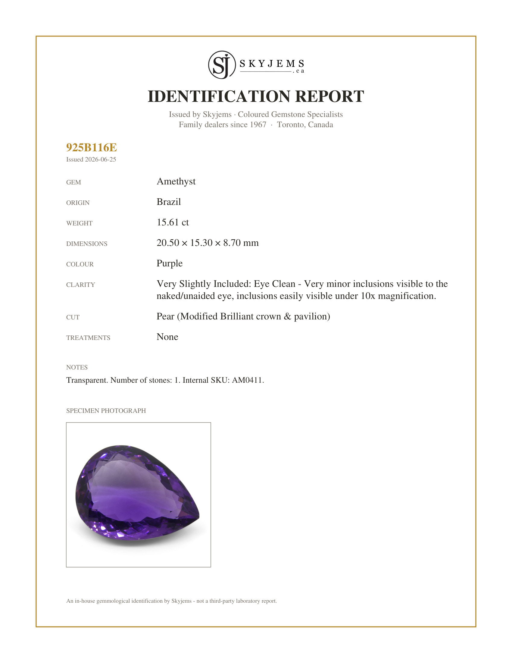 Skyjems Identification Report for AM0411 — 15.61 ct Pear Amethyst