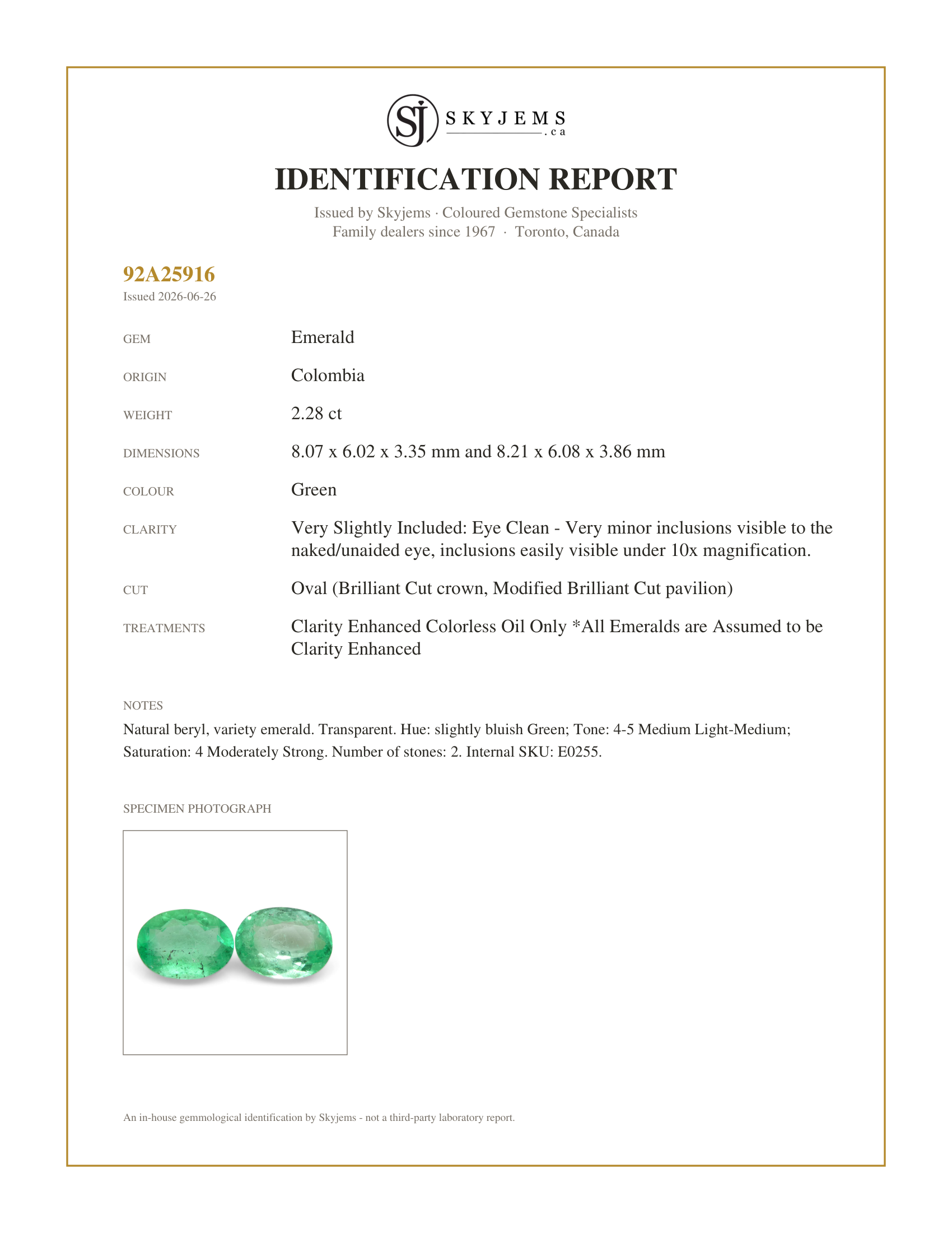 Skyjems Identification Report for E0255 — 2.28ct Pair Oval Green Emerald from Colombia