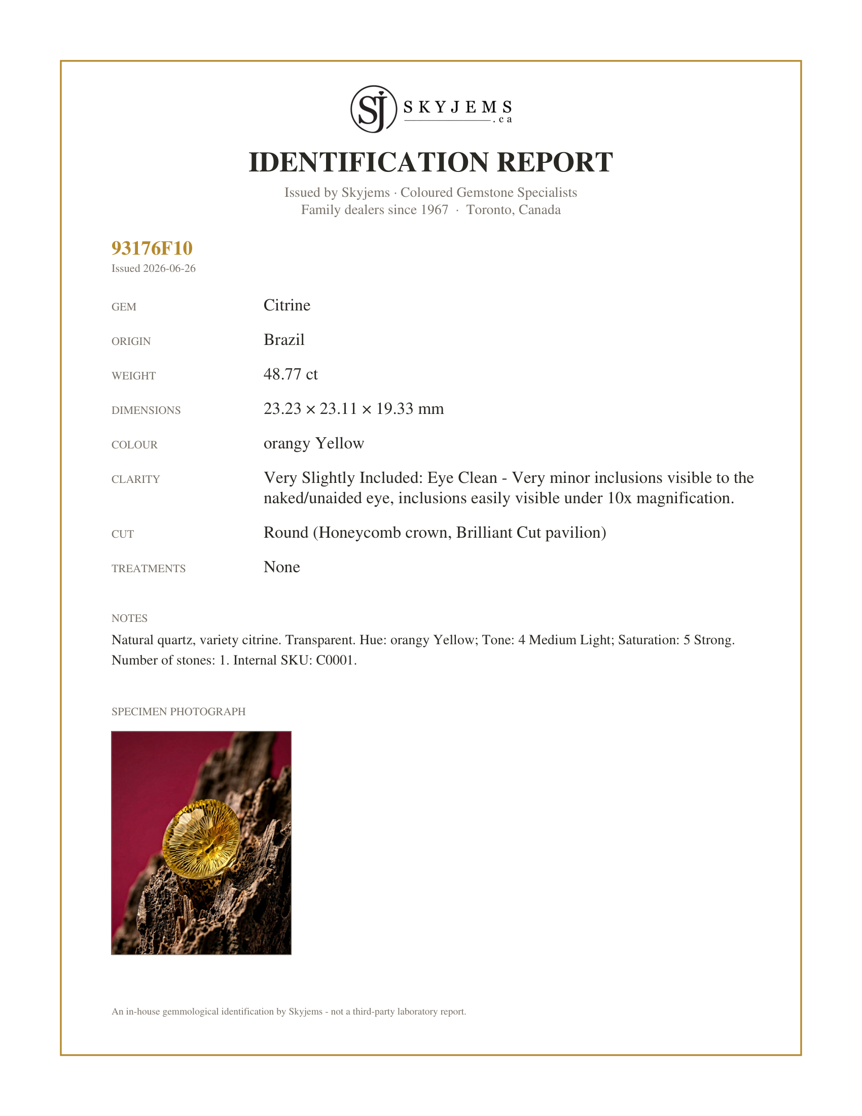 Skyjems Identification Report for C0001 — 48.77ct Round Yellow Honeycomb Starburst Citrine