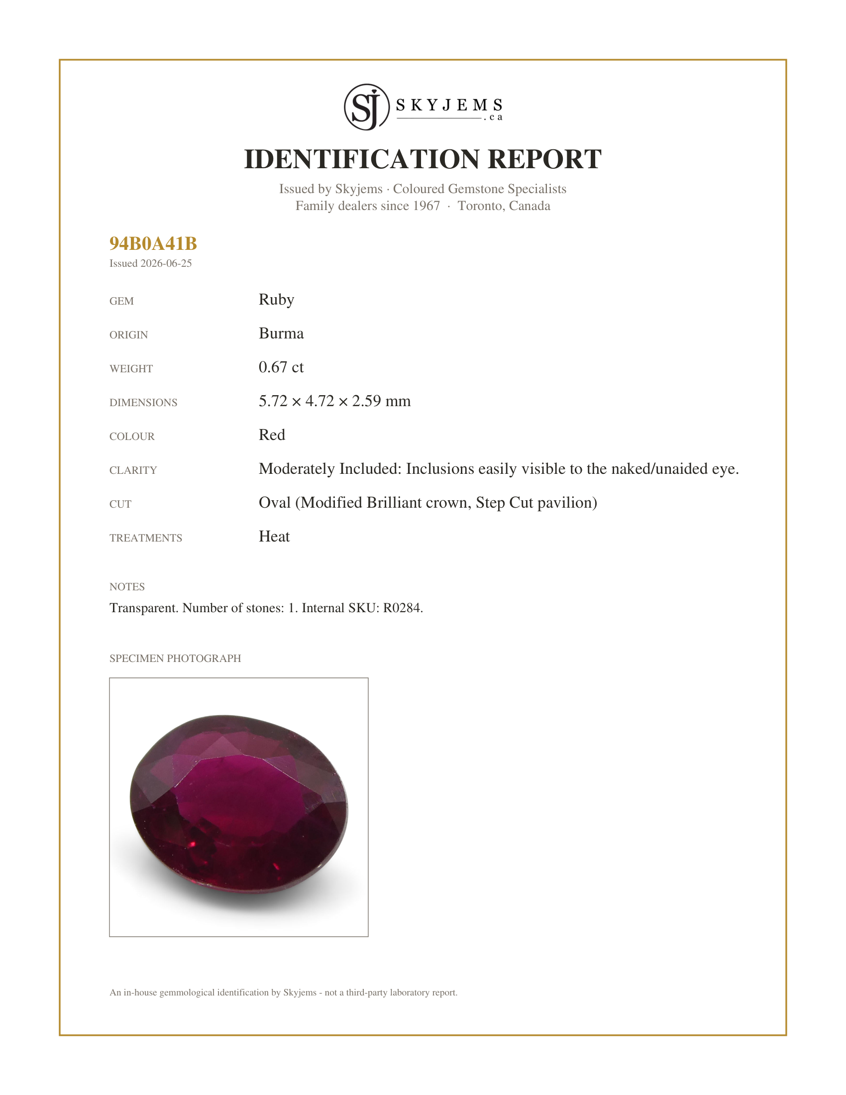 Skyjems Identification Report for R0284 — 0.67 ct Oval Ruby Burma
