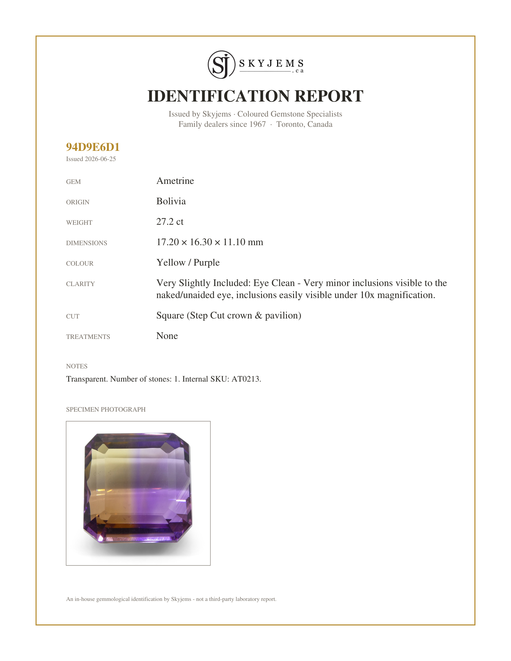 Skyjems Identification Report for AT0213 — 27.2 ct Square Ametrine, 100% Natural Very Rare Single Source Gem from Bolivia