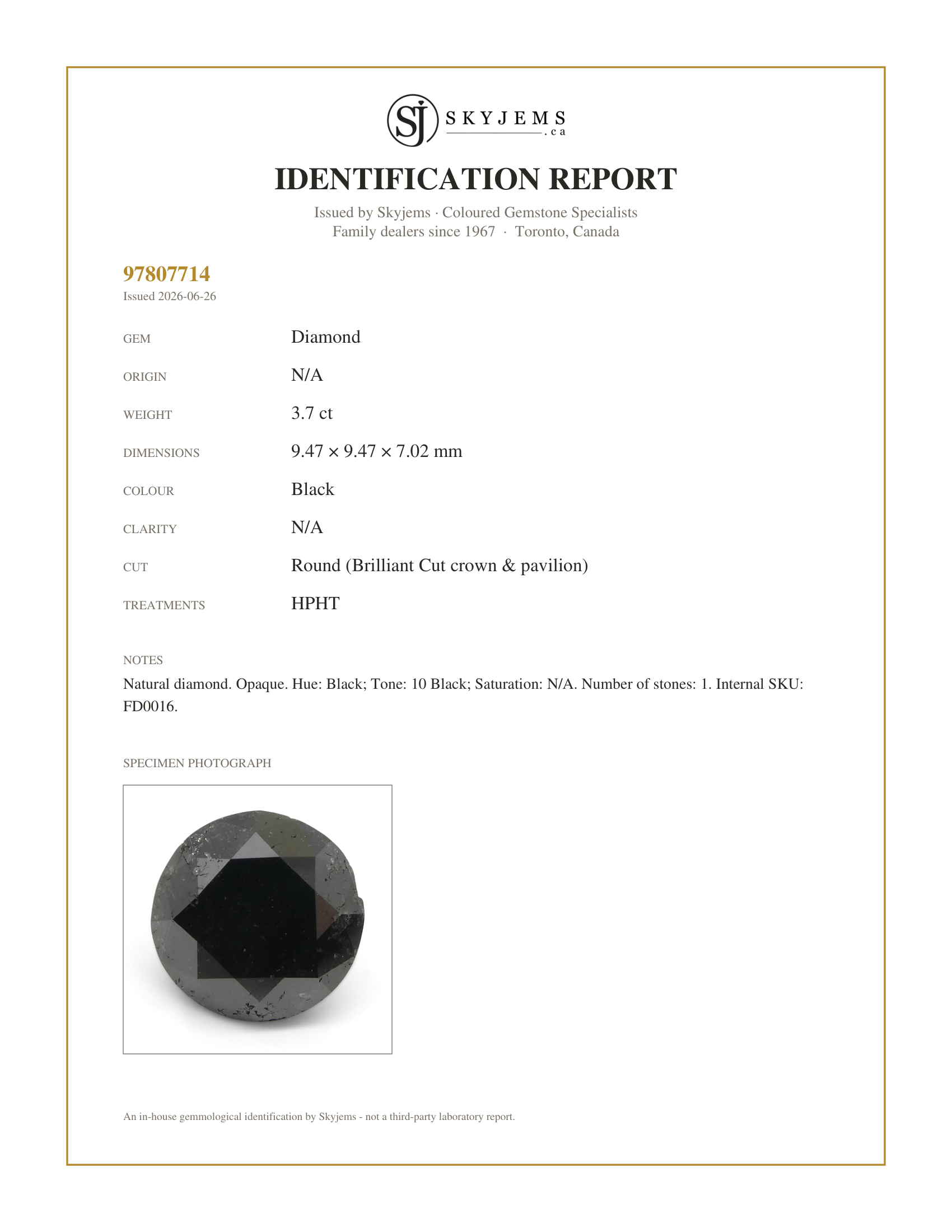 Skyjems Identification Report for FD0016 — 3.7ct Round Brilliant Cut Black Diamond
