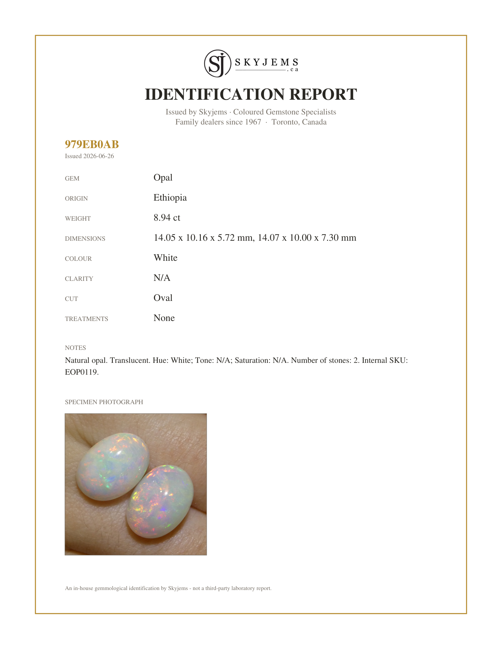 Skyjems Identification Report for EOP0119 — 8.94ct Pair Oval Cabochon White Welo Opal from Ethiopia