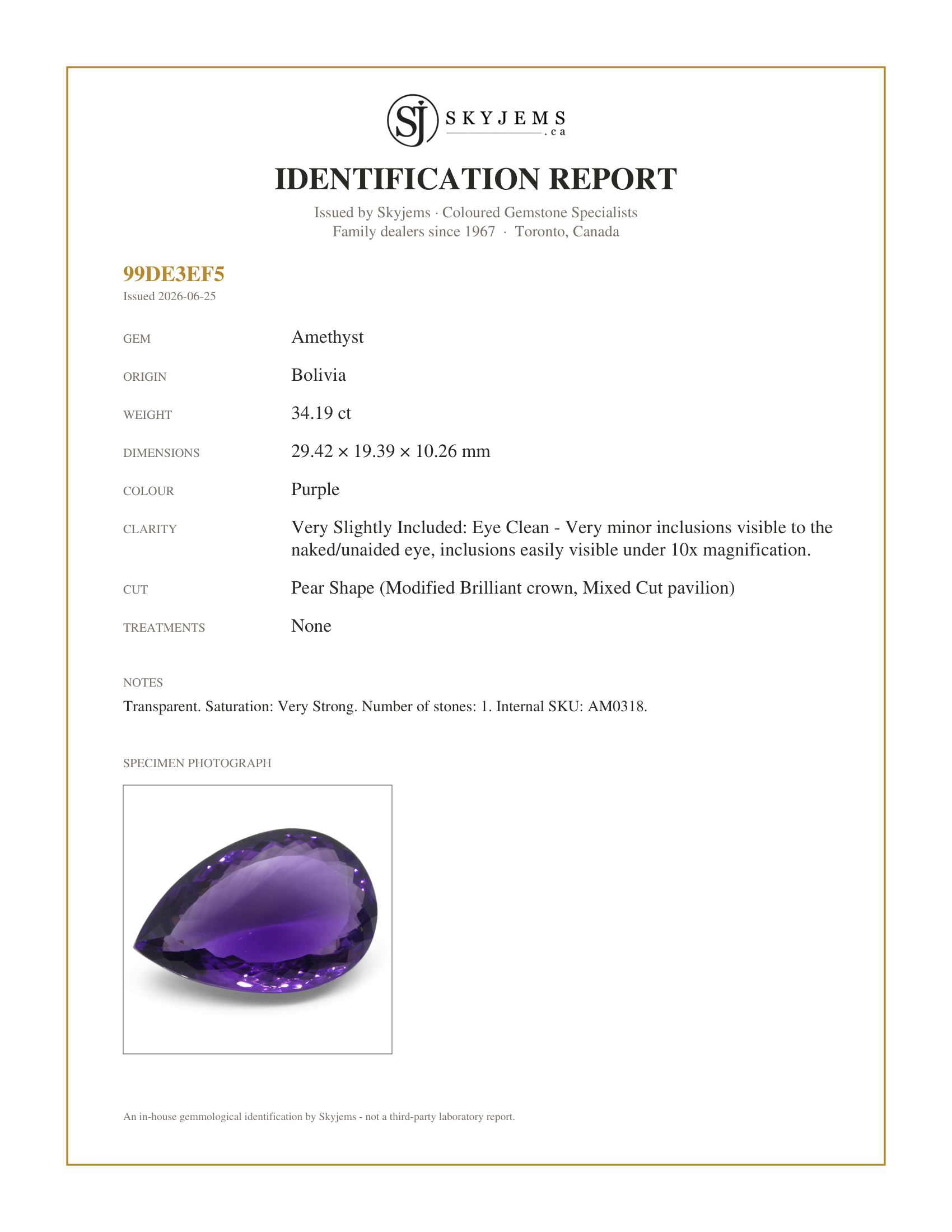 Skyjems Identification Report for AM0318 — 34.19ct Amethyst Pear Shape