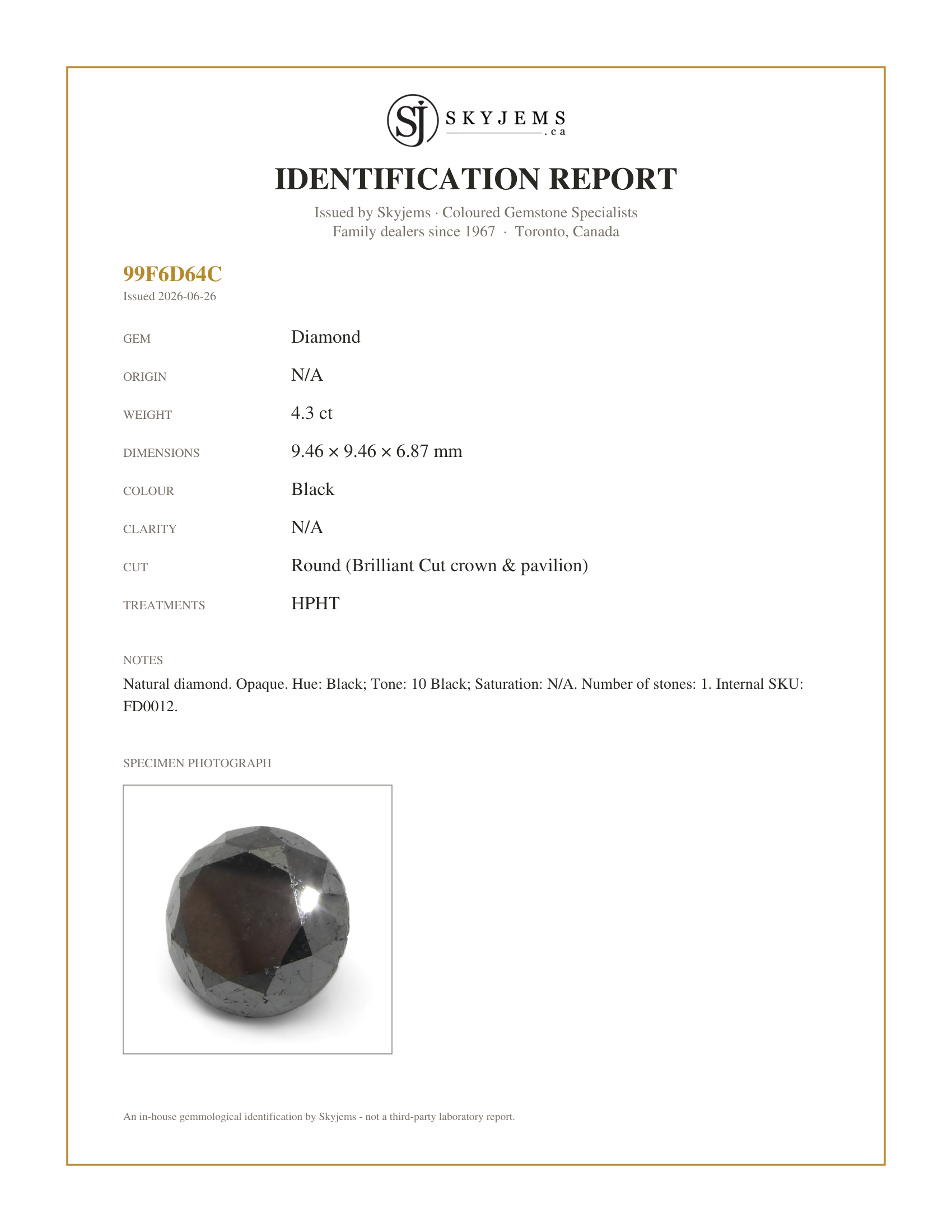 Skyjems Identification Report for FD0012 — 4.3ct Round Brilliant Cut Black Diamond