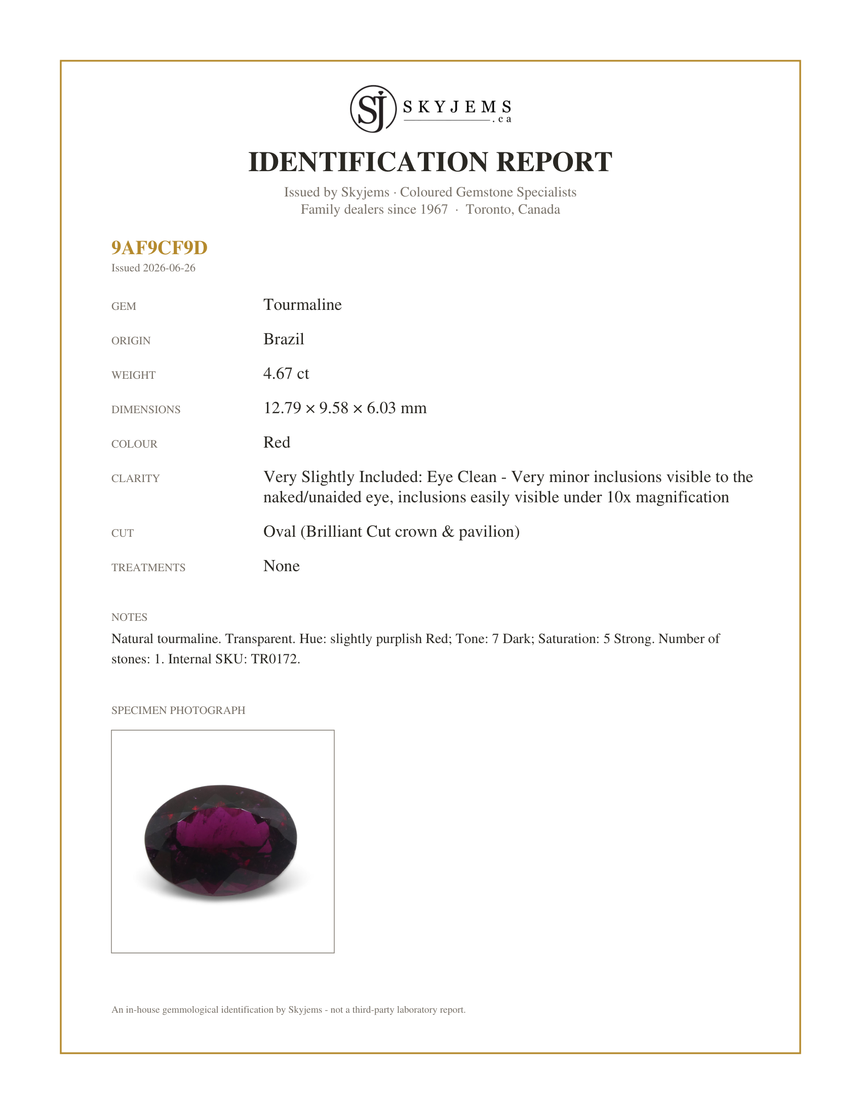 Skyjems Identification Report for TR0172 — 4.67ct Oval Red Rubellite Tourmaline