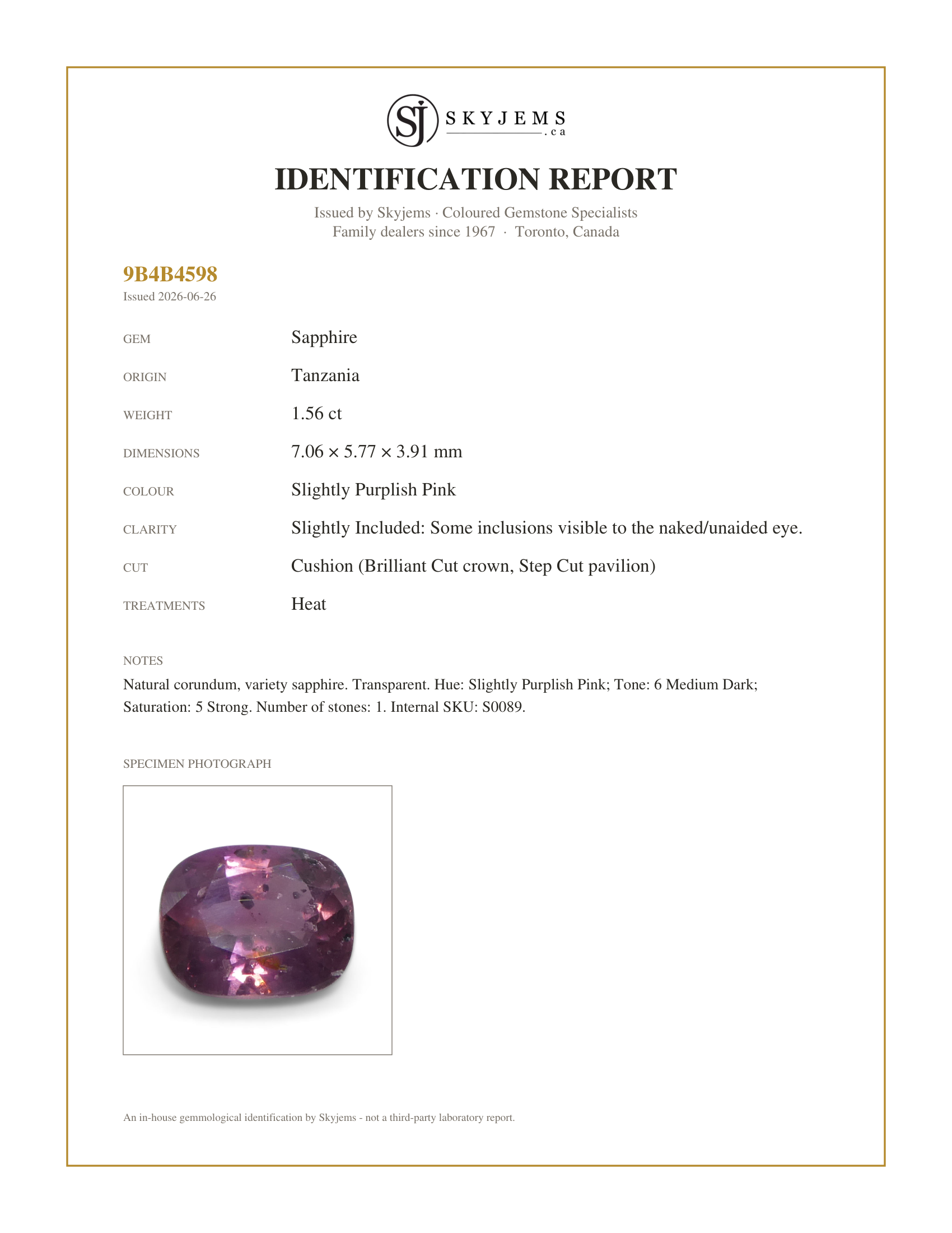 Skyjems Identification Report for S0089 — 1.56ct Cushion Pink Sapphire from Tanzania