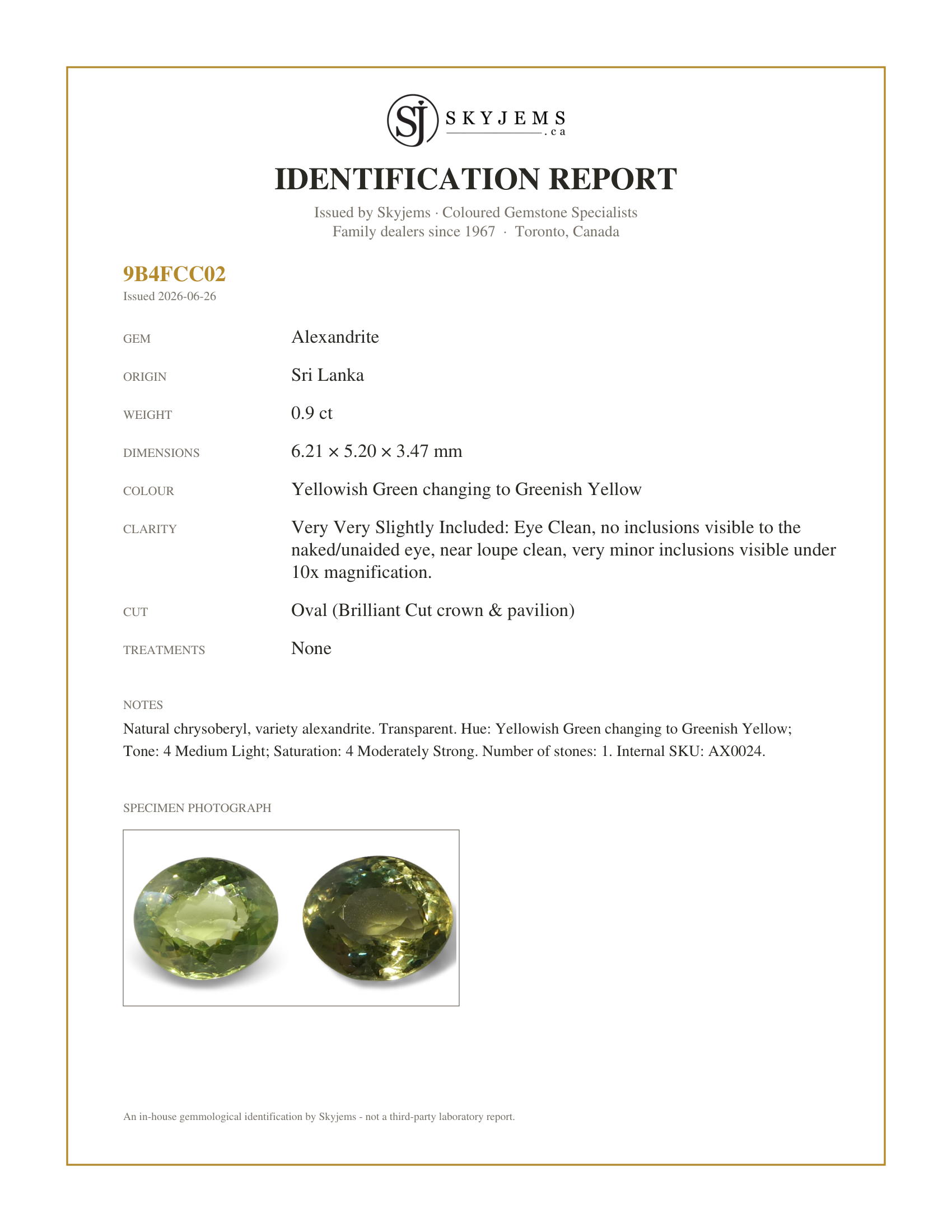 Skyjems Identification Report for AX0024 — 0.9ct Oval Yellowish Green to Greenish Yellow Alexandrite from Sri Lanka, Unheated