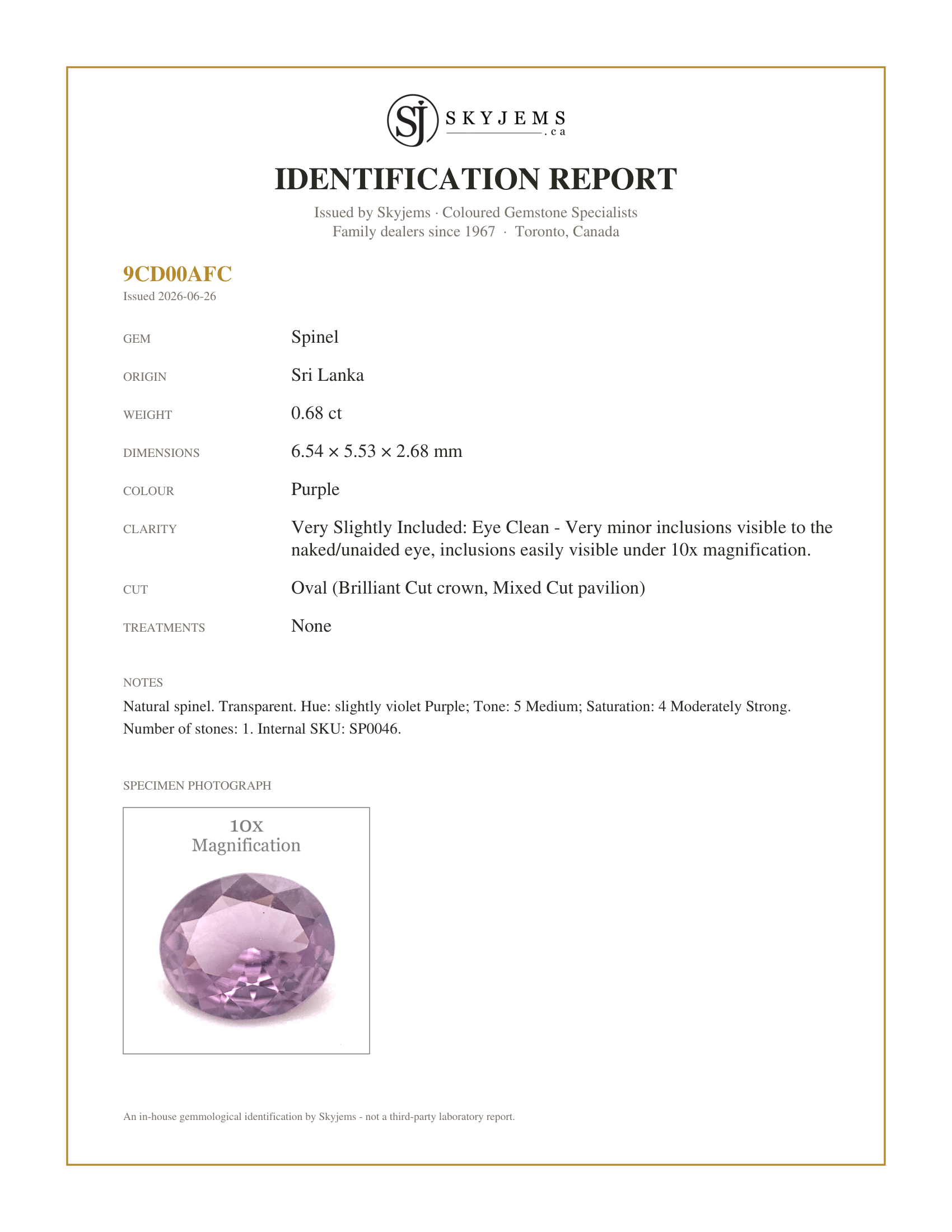 Skyjems Identification Report for SP0046 — 0.68ct Oval Lavender Purple Spinel from Sri Lanka Unheated