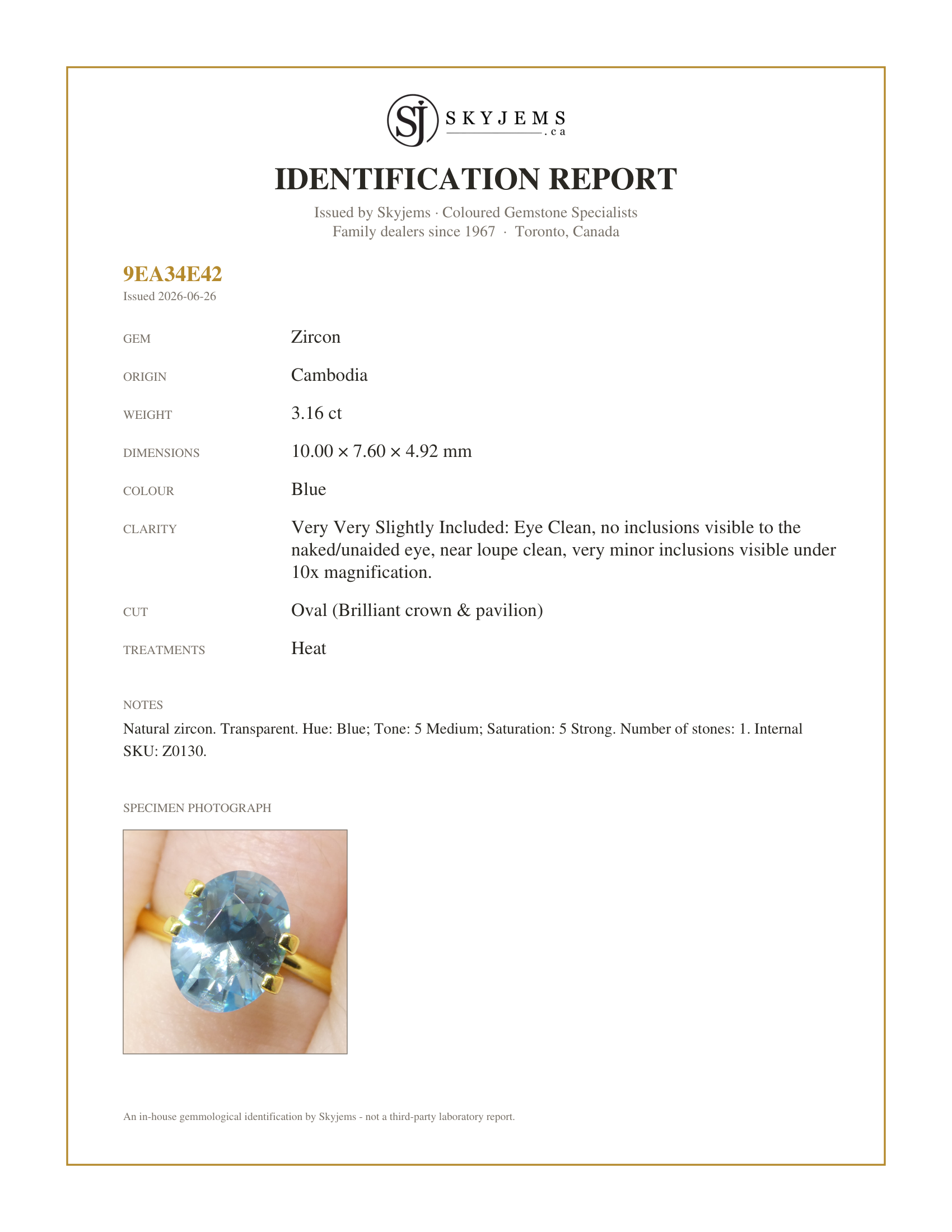 Skyjems Identification Report for Z0130 — 3.16ct Natural Earth Mined Oval Master Brilliant Cut Blue Zircon from Cambodia