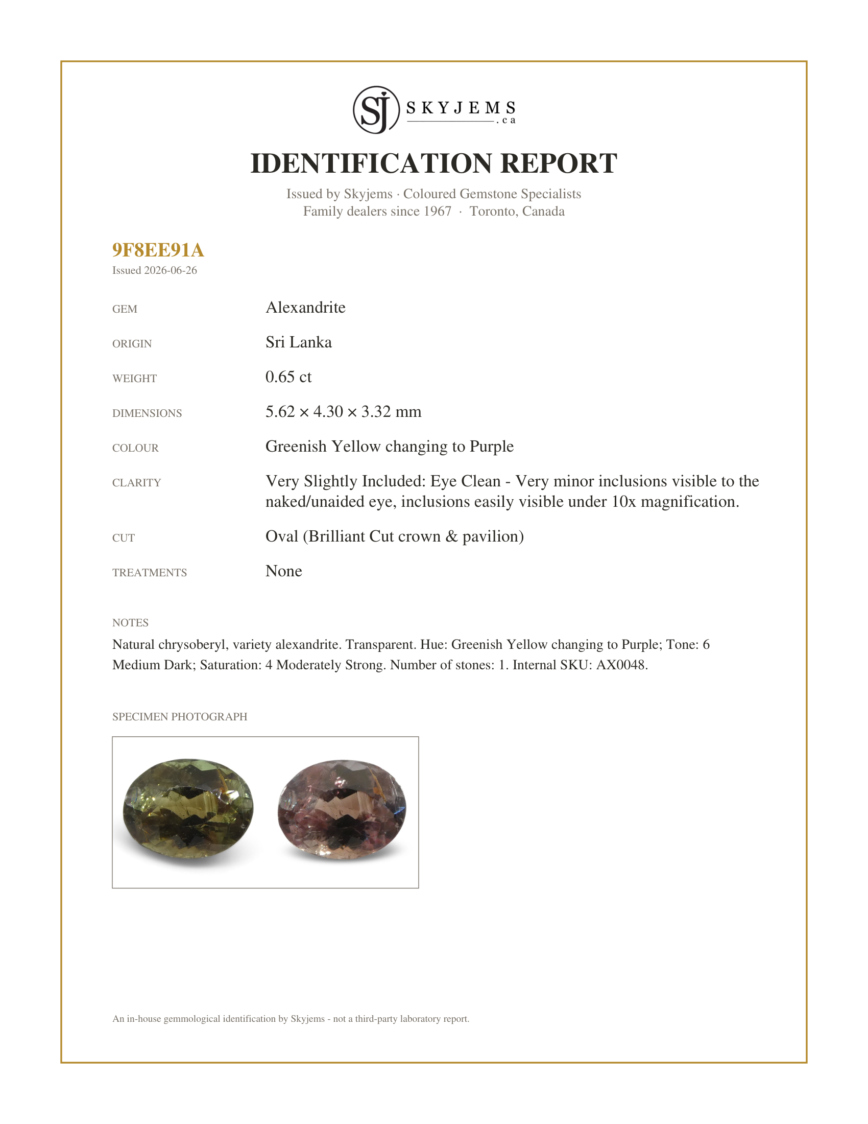 Skyjems Identification Report for AX0048 — 0.65ct Oval Greenish Yellow changing to Purple Alexandrite from Sri Lanka, Unheated