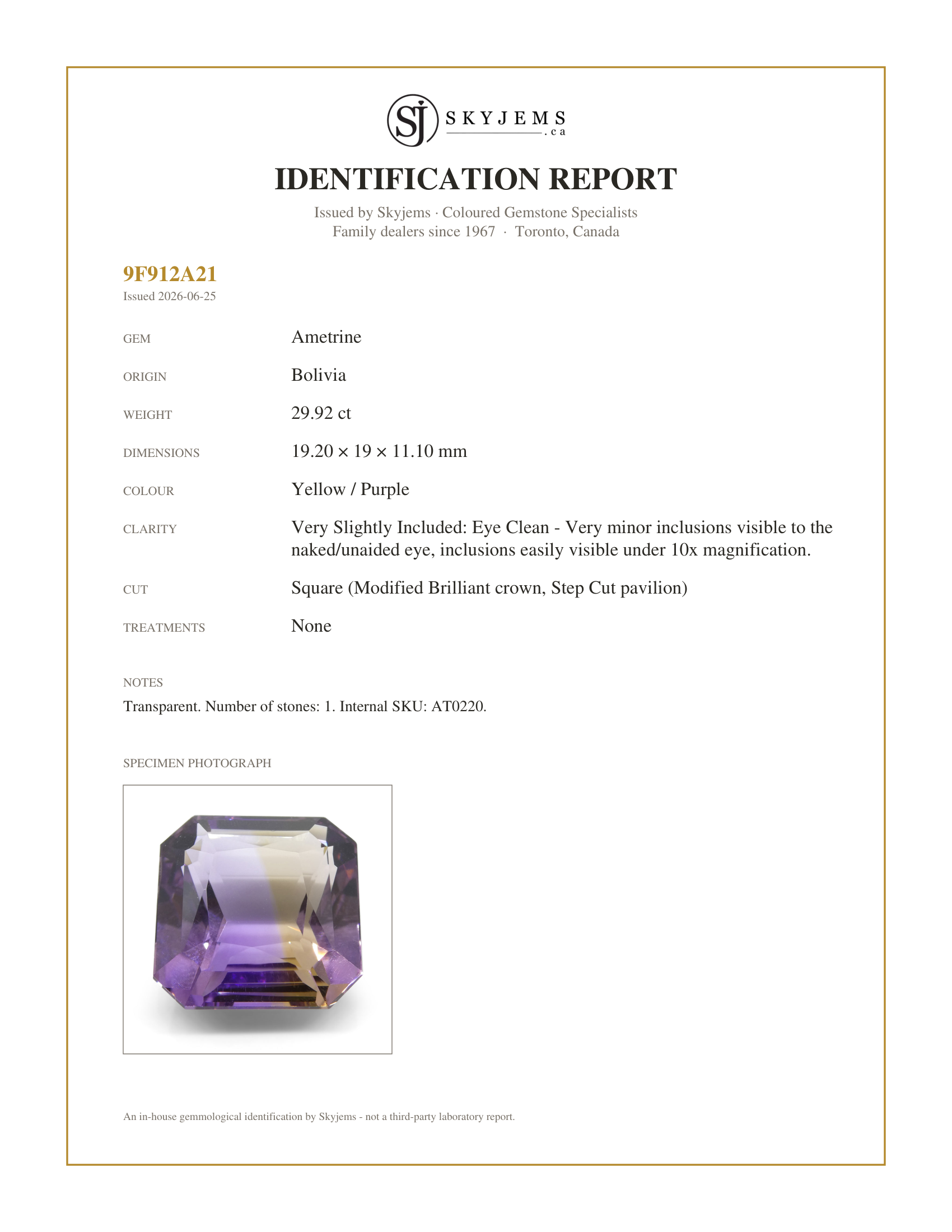 Skyjems Identification Report for AT0220 — 29.92 ct Square Ametrine, 100% Natural Very Rare Single Source Gem from Bolivia