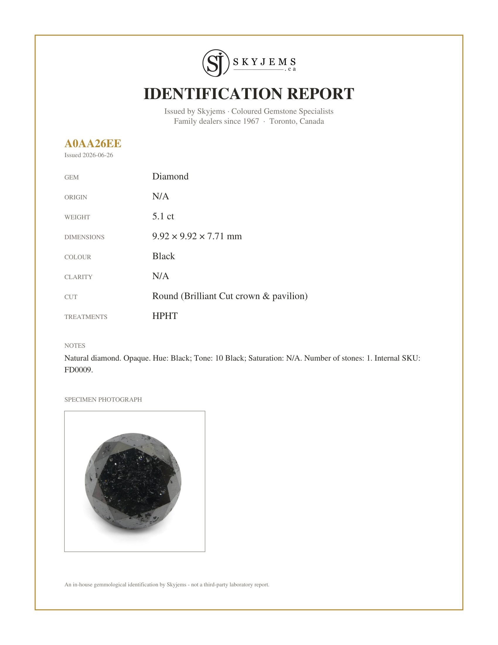 Skyjems Identification Report for FD0009 — 5.1ct Round Brilliant Cut Black Diamond