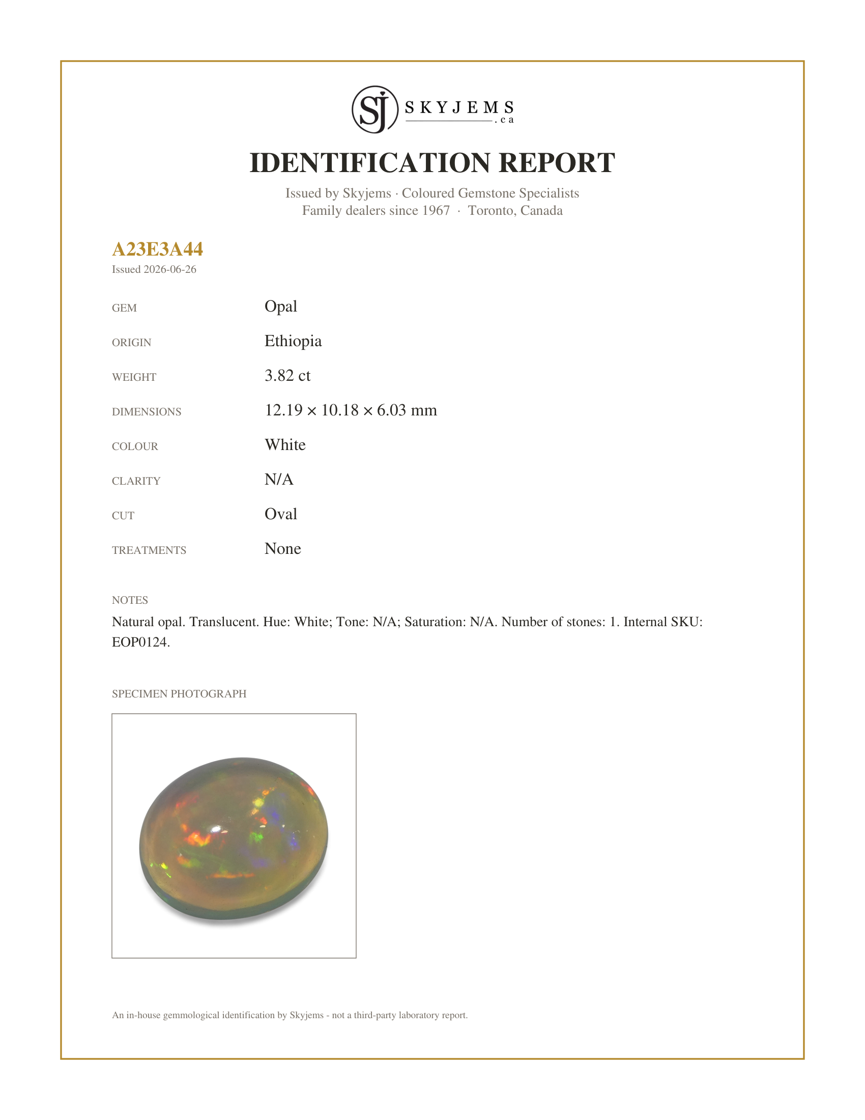 Skyjems Identification Report for EOP0124 — 3.82ct Oval Cabochon White Crystal Opal from Ethiopia