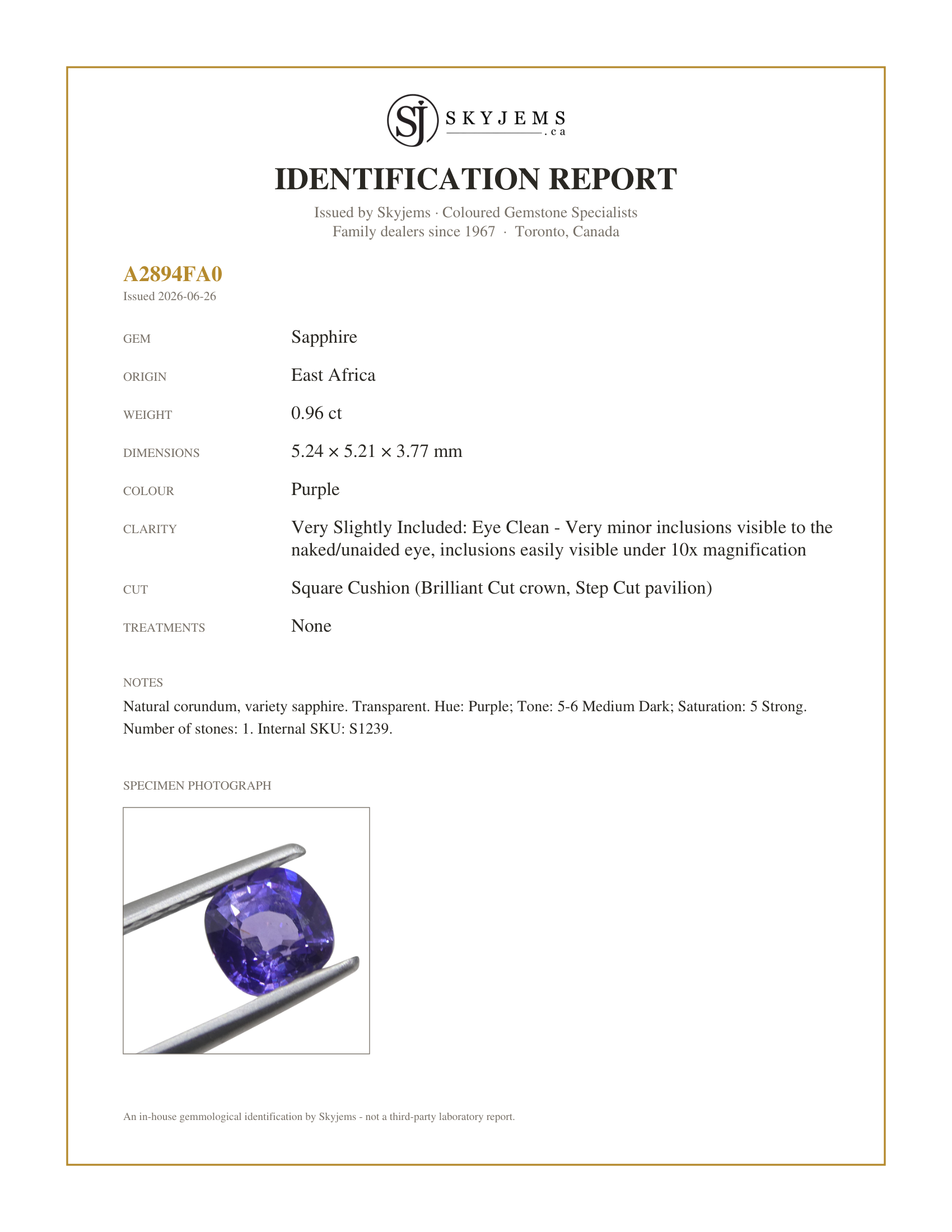 Skyjems Identification Report for S1239 — 0.96ct Square Cushion Purple Sapphire from East Africa, Unheated
