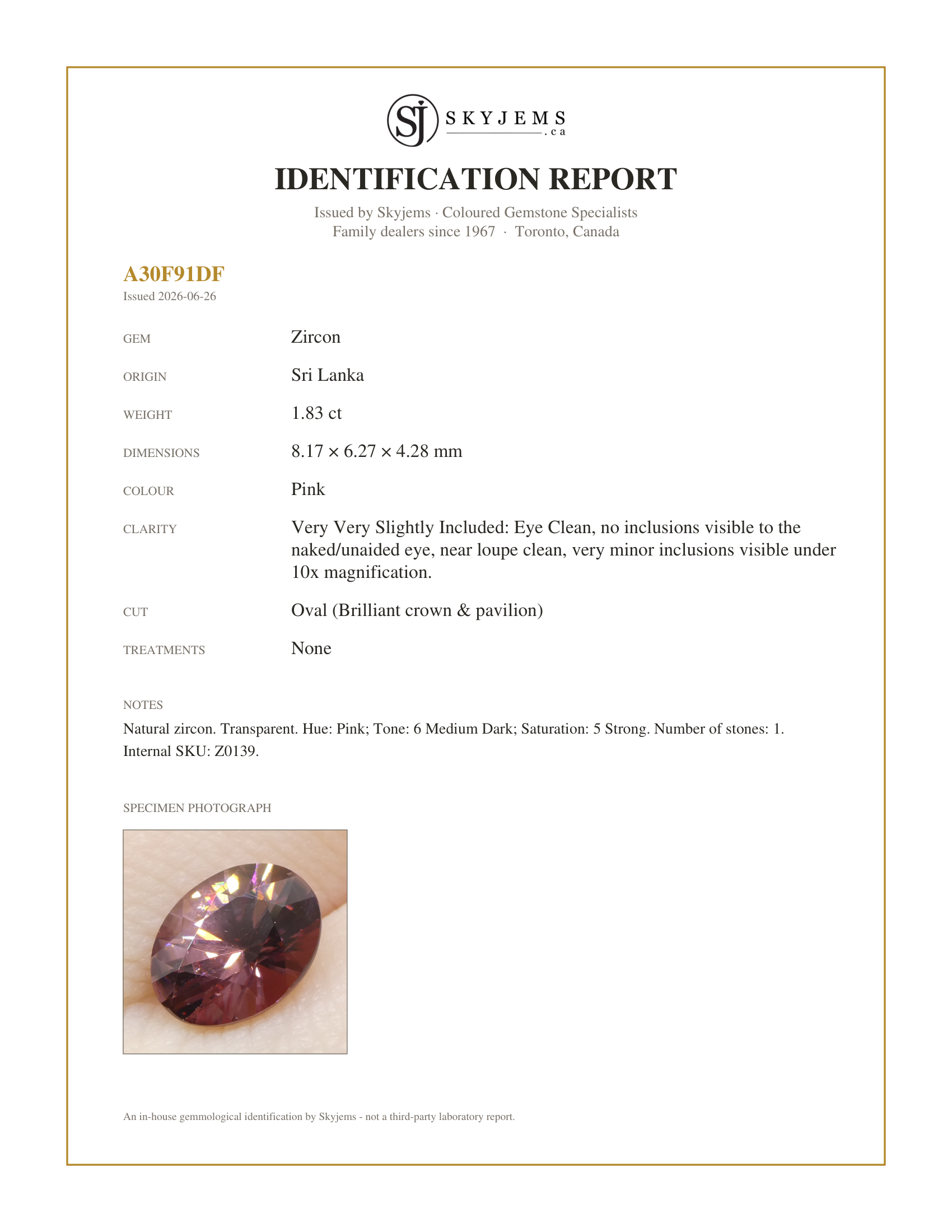 Skyjems Identification Report for Z0139 — 1.83ct Natural Earth Mined Oval Master Brilliant Cut Pink Zircon from Sri Lanka