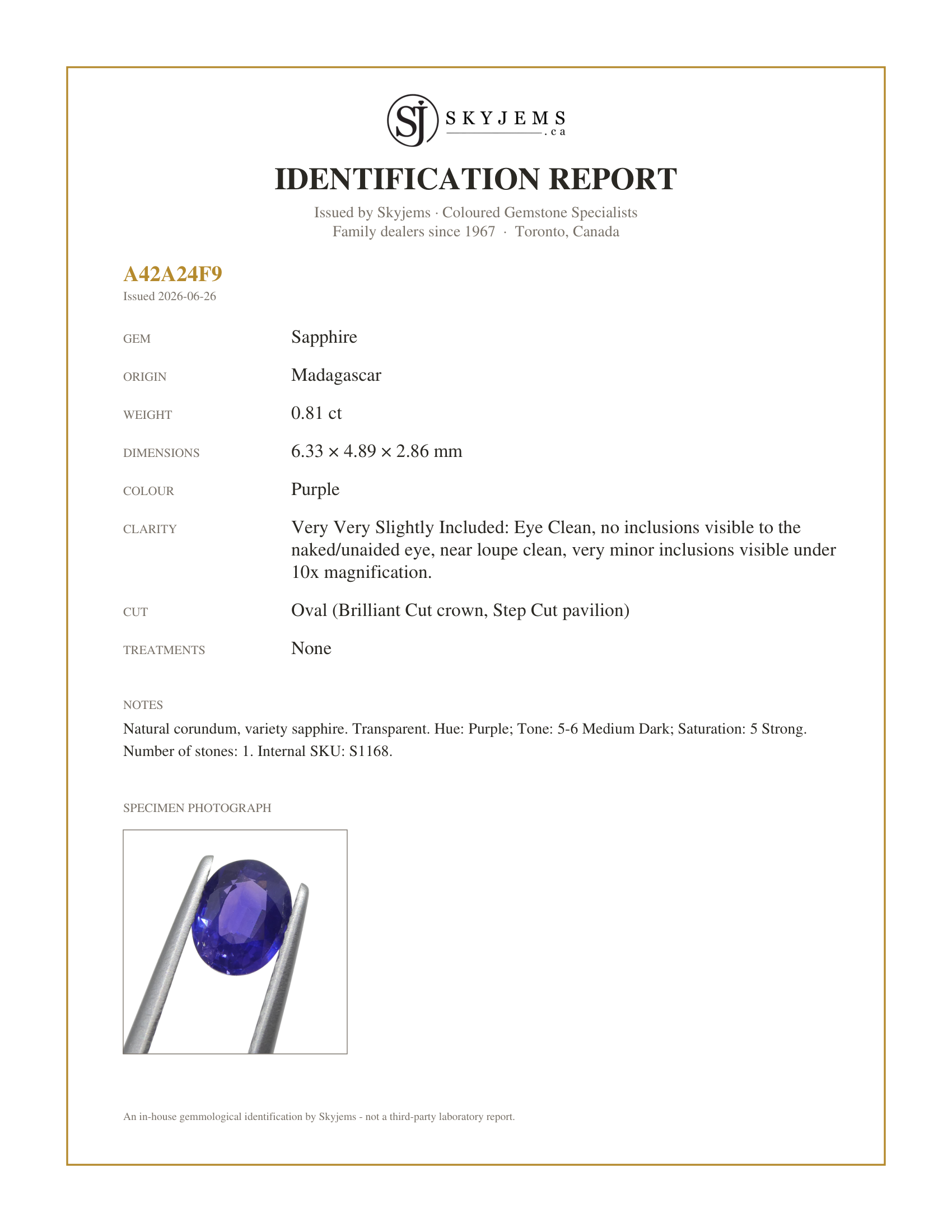 Skyjems Identification Report for S1168 — 0.81ct Oval Purple Sapphire from Madagascar Unheated