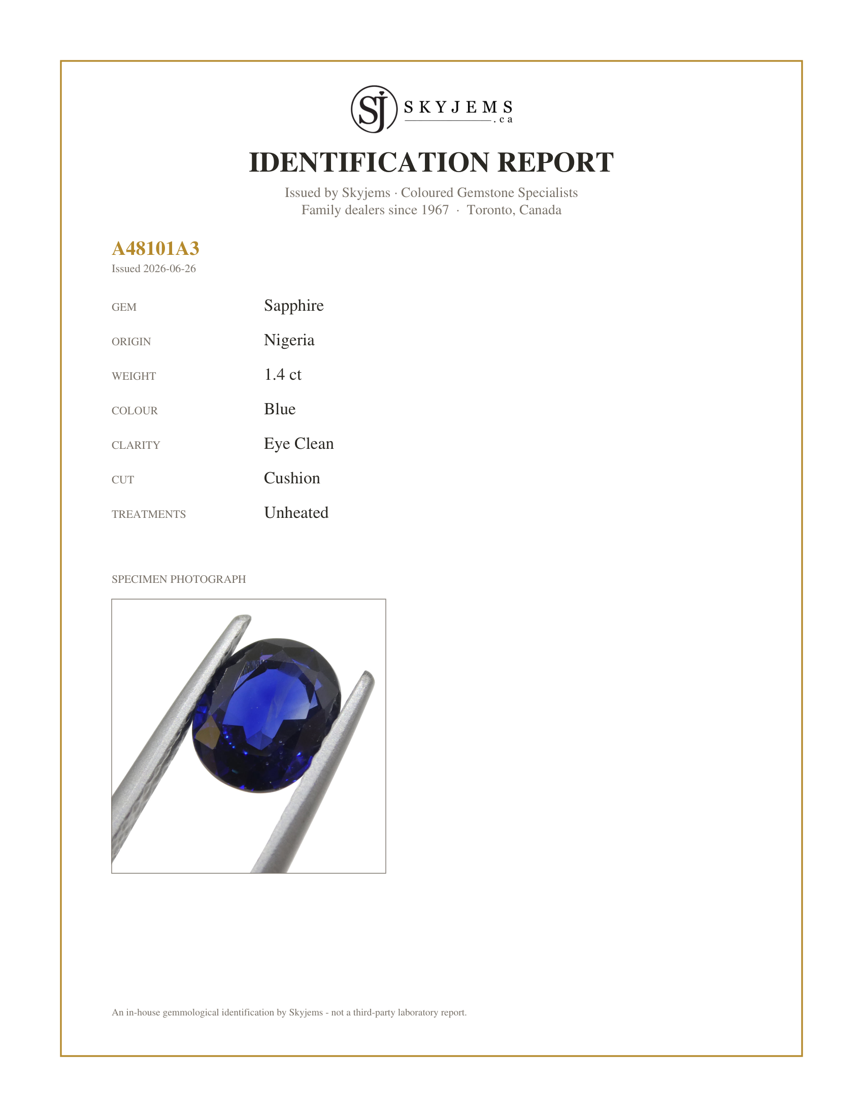 Skyjems Identification Report for — 1.4ct Oval Blue Sapphire from Nigeria
