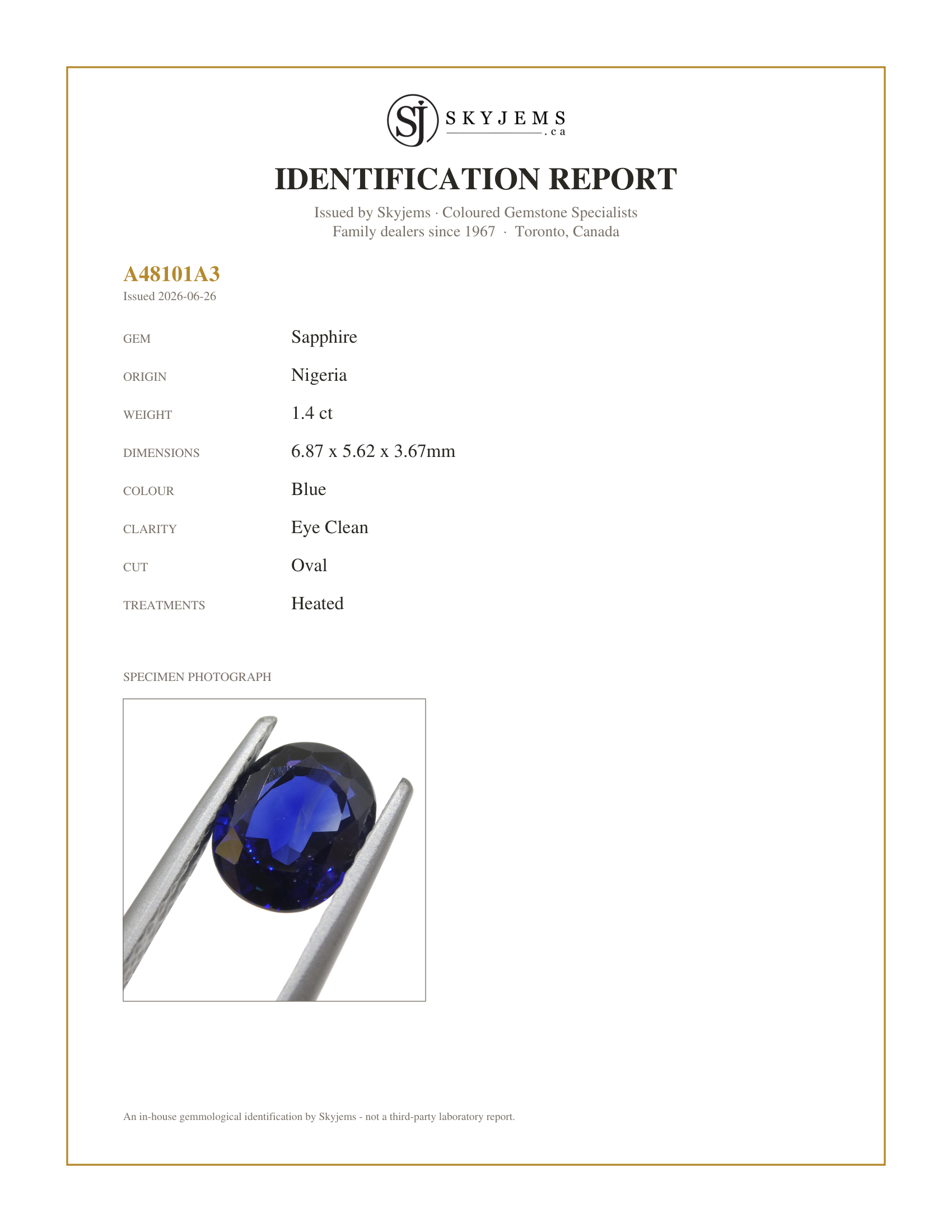 Skyjems Identification Report for S1251 — 1.4ct Oval Blue Sapphire from Nigeria