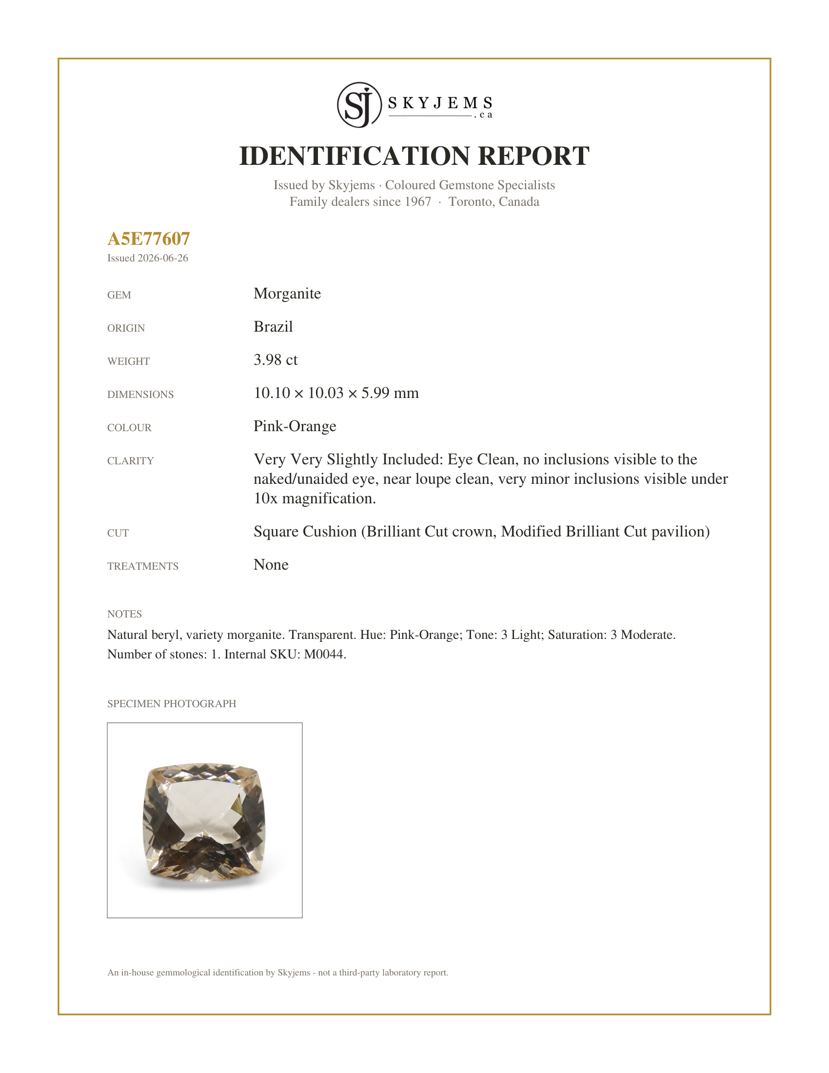 Skyjems Identification Report for M0044 — 3.98ct Square Cushion Pink-Orange Morganite