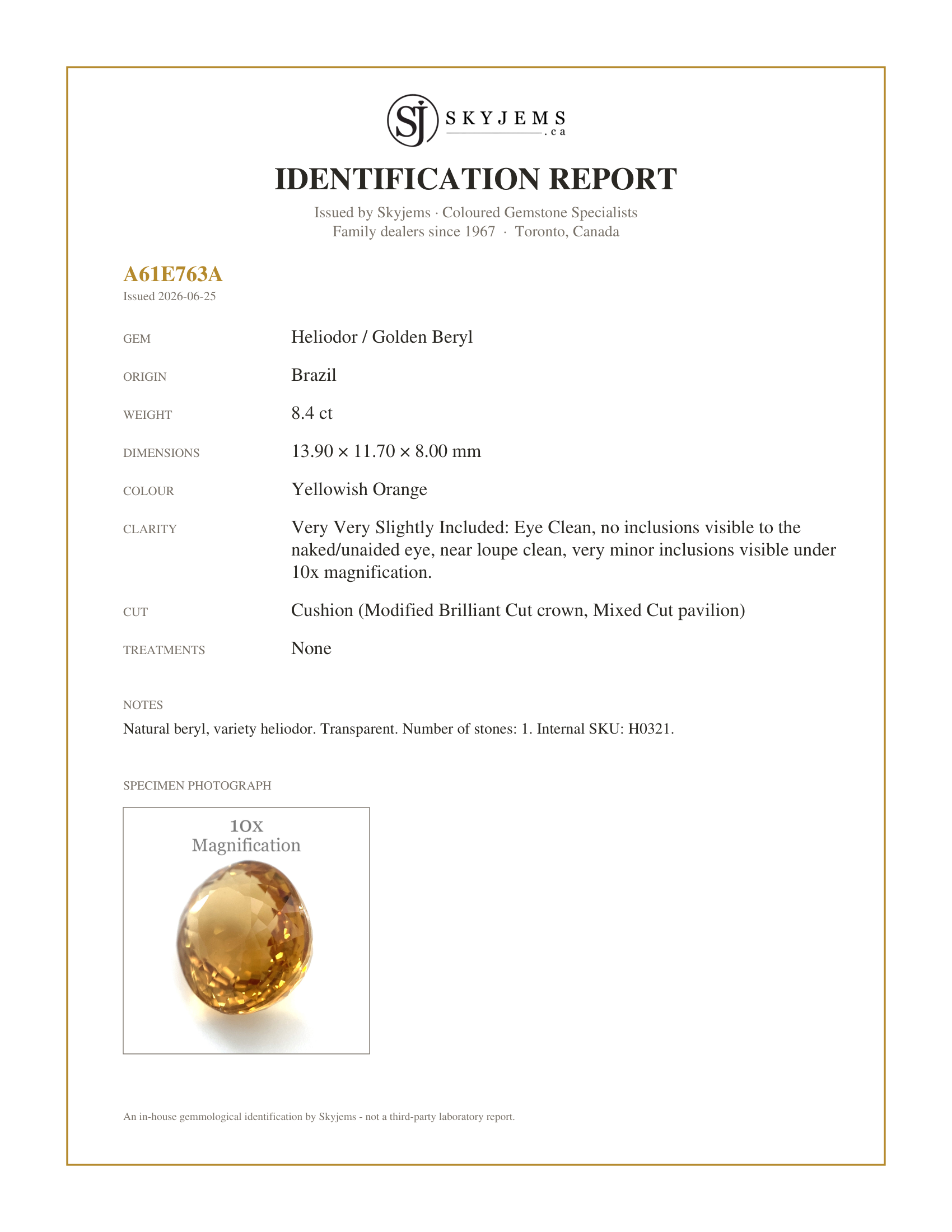 Skyjems Identification Report for H0321 — 8.40ct Cushion Heliodor, Golden Yellow Beryl