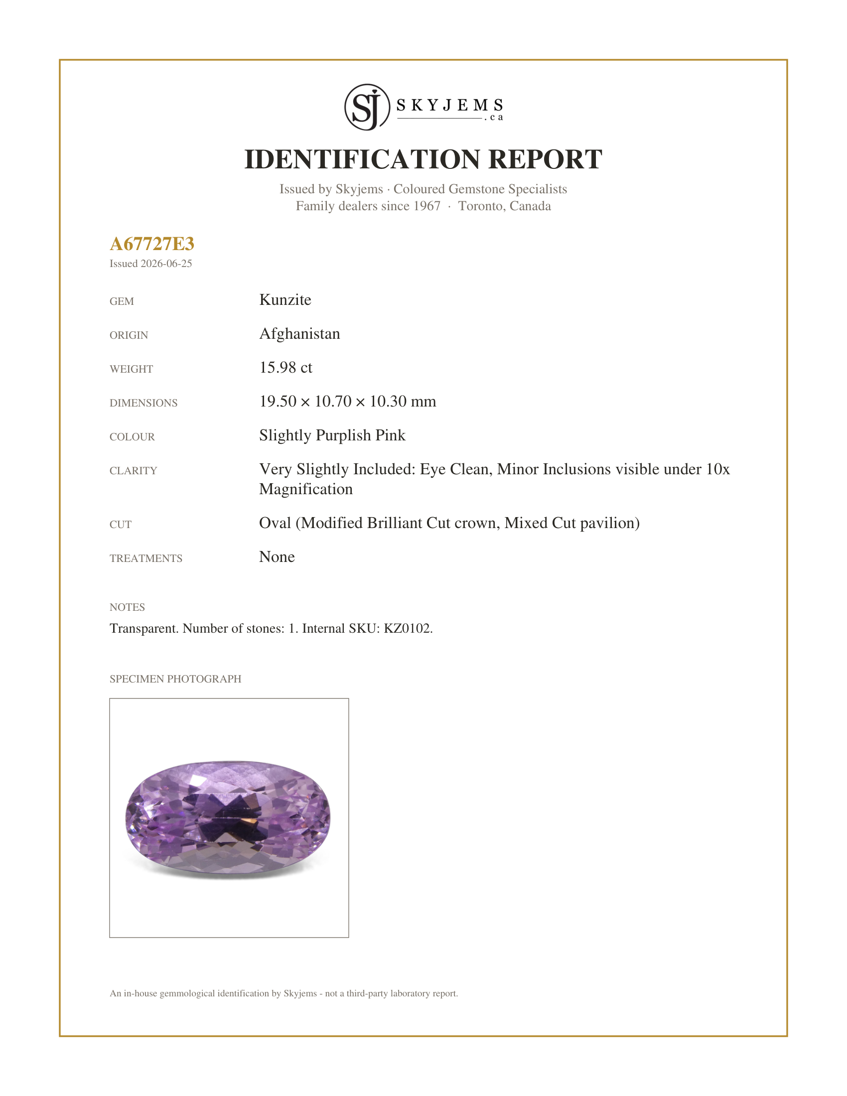 Skyjems Identification Report for KZ0102 — 15.98 ct Oval Kunzite