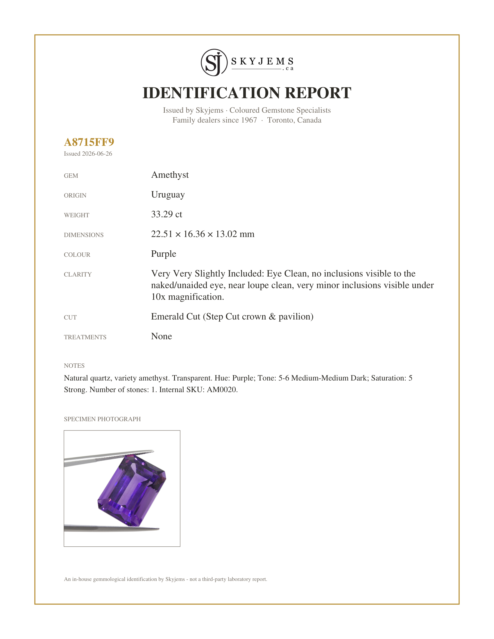 Skyjems Identification Report for AM0020 — 33.29ct Emerald Cut Purple Amethyst from Uruguay