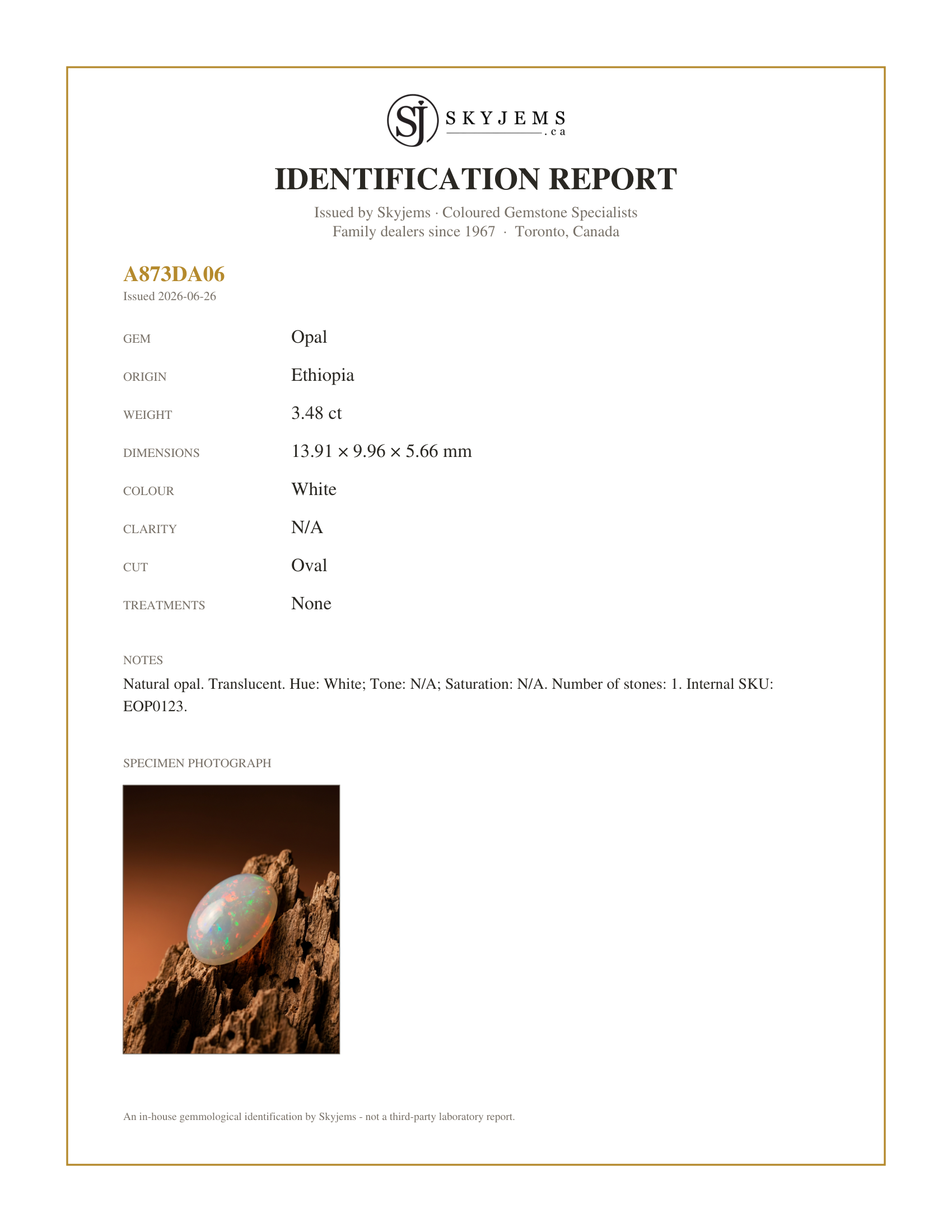 Skyjems Identification Report for EOP0123 — 3.48ct Oval Cabochon White Crystal Opal from Ethiopia