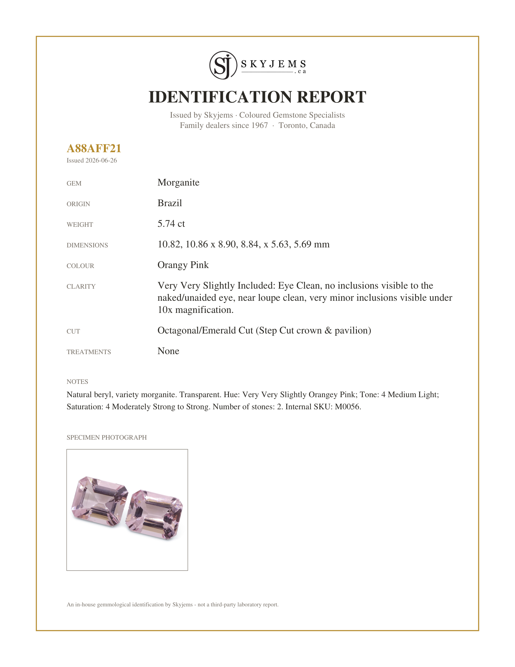 Skyjems Identification Report for M0056 — 5.74ct Pair (2) Octagonal/Emerald Cut Orangy Pink Morganite