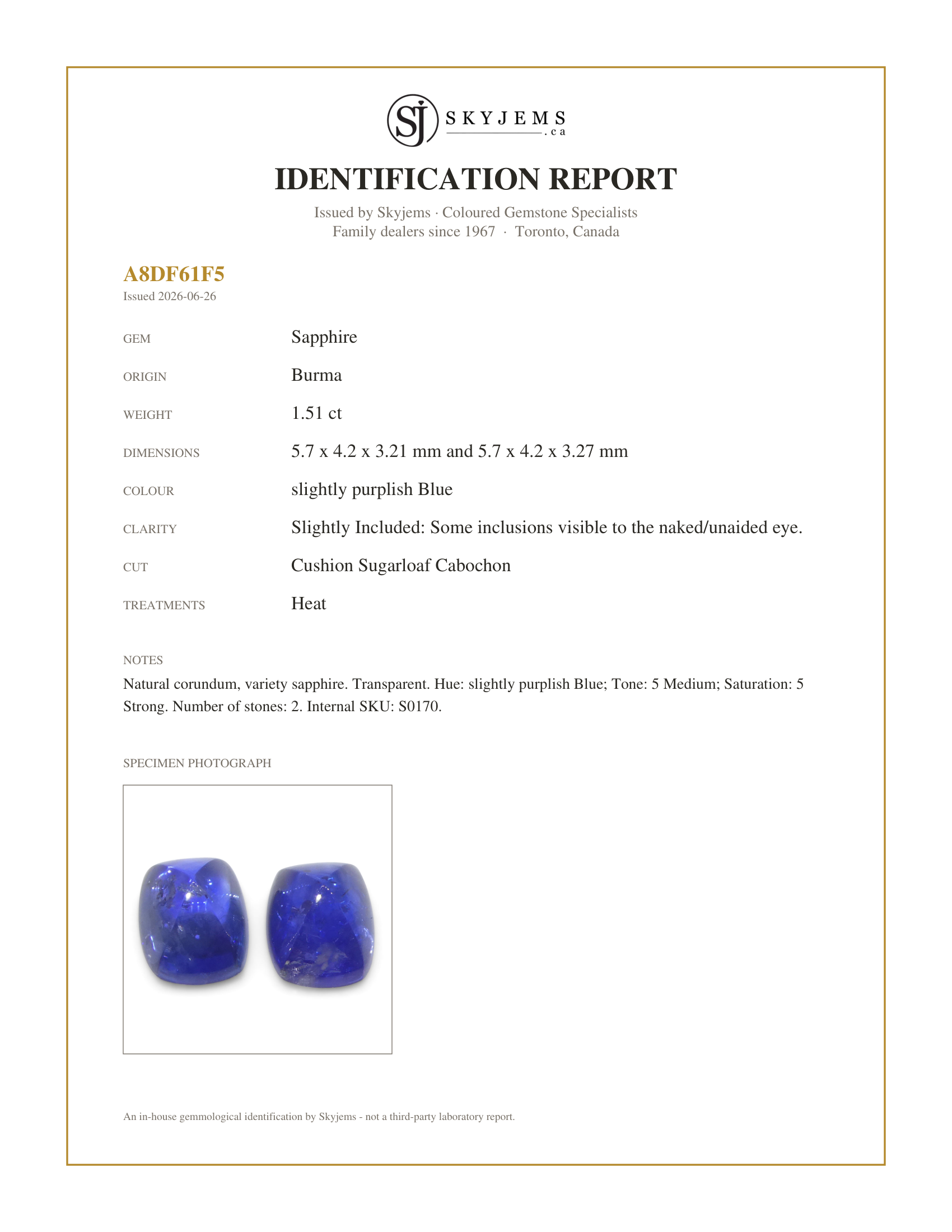 Skyjems Identification Report for S0170 — 1.51ct Pair (2) Cushion Sugarloaf Cabochon Blue Sapphires from Burma