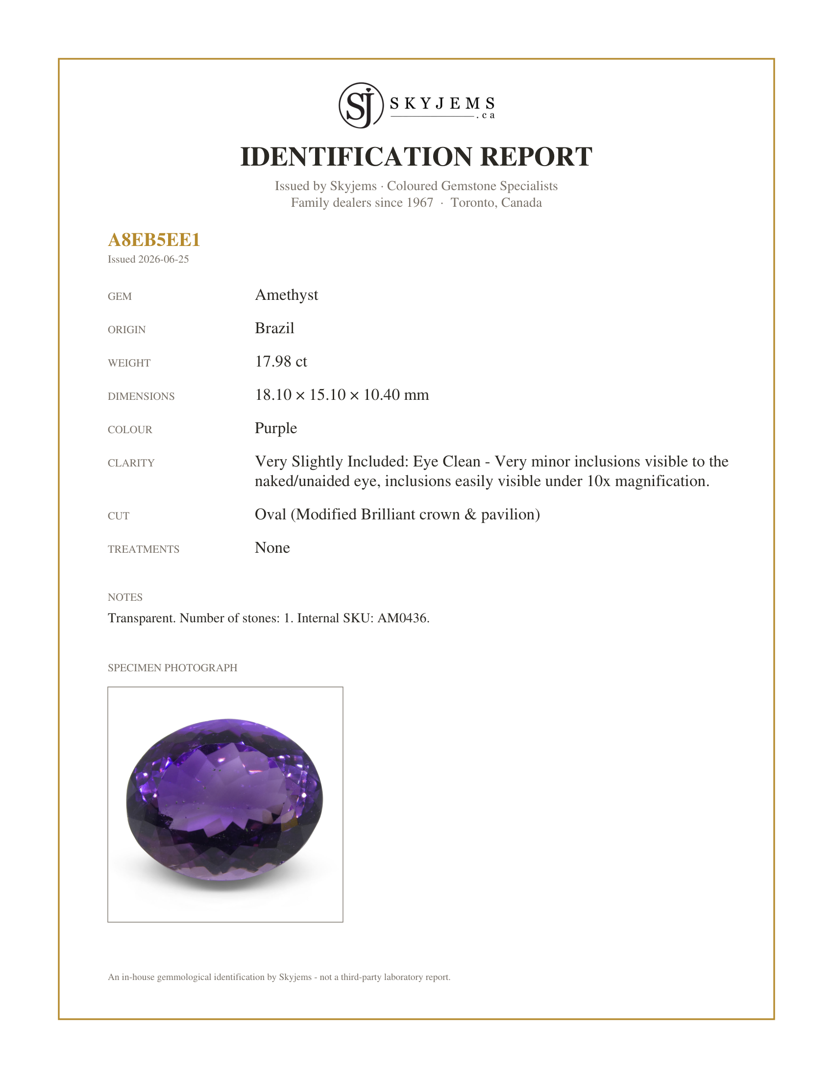Skyjems Identification Report for AM0436 — 17.98 ct Oval Amethyst