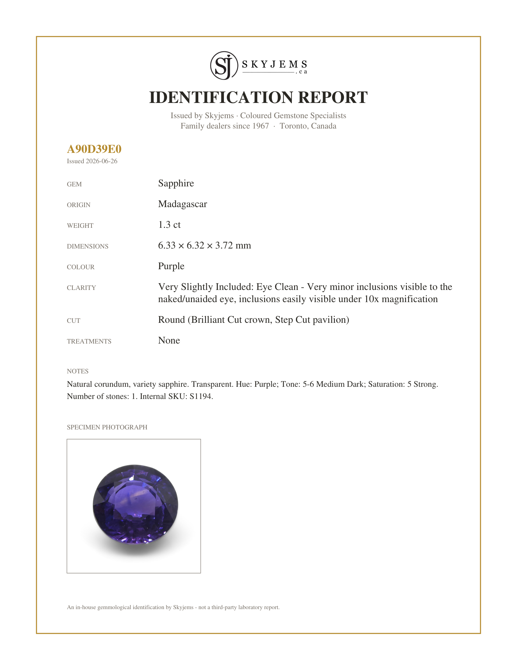 Skyjems Identification Report for S1194 — 1.3ct Round Purple Sapphire from Madagascar, Unheated
