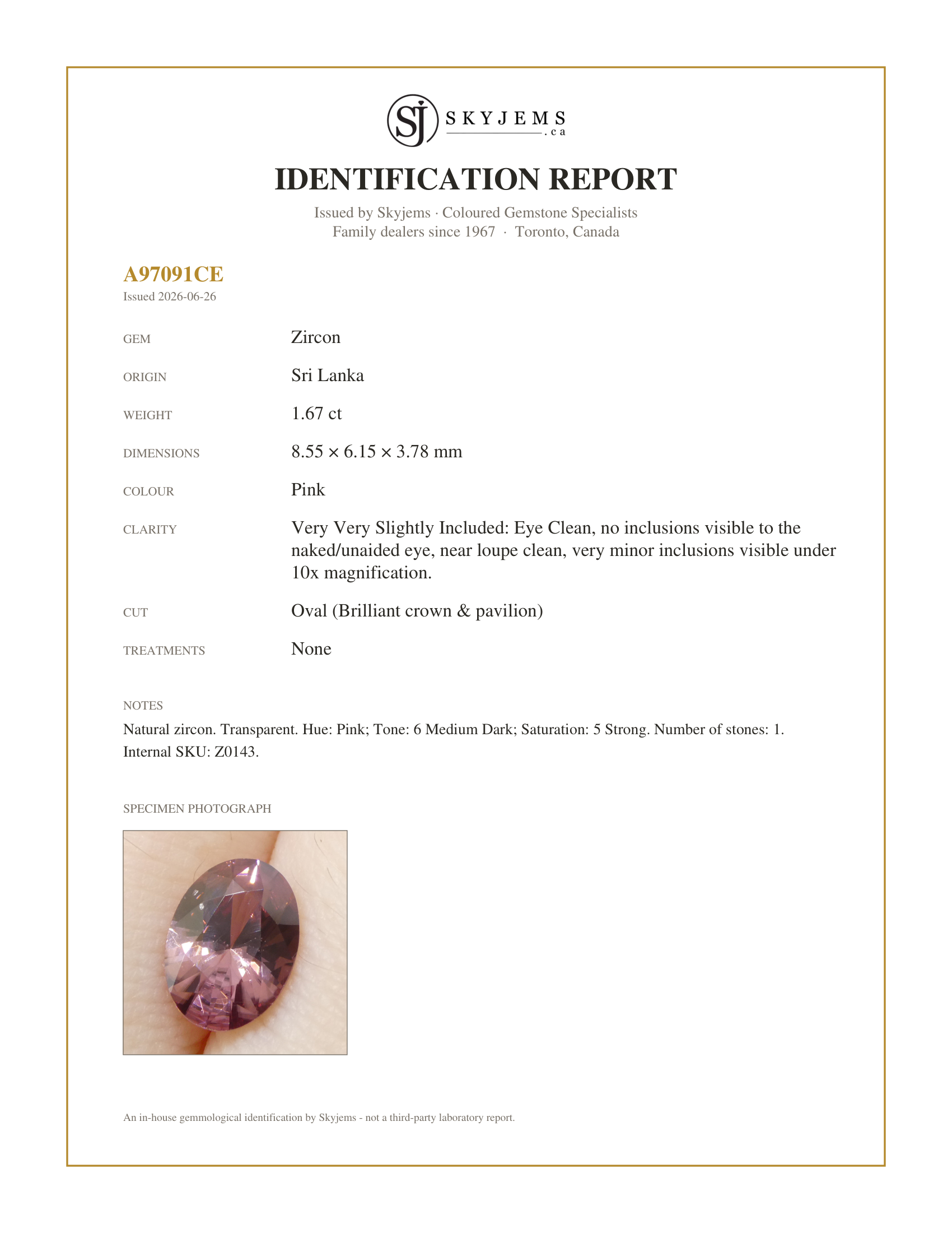 Skyjems Identification Report for Z0143 — 1.67ct Natural Earth Mined Oval Master Brilliant Cut Pink Zircon from Sri Lanka