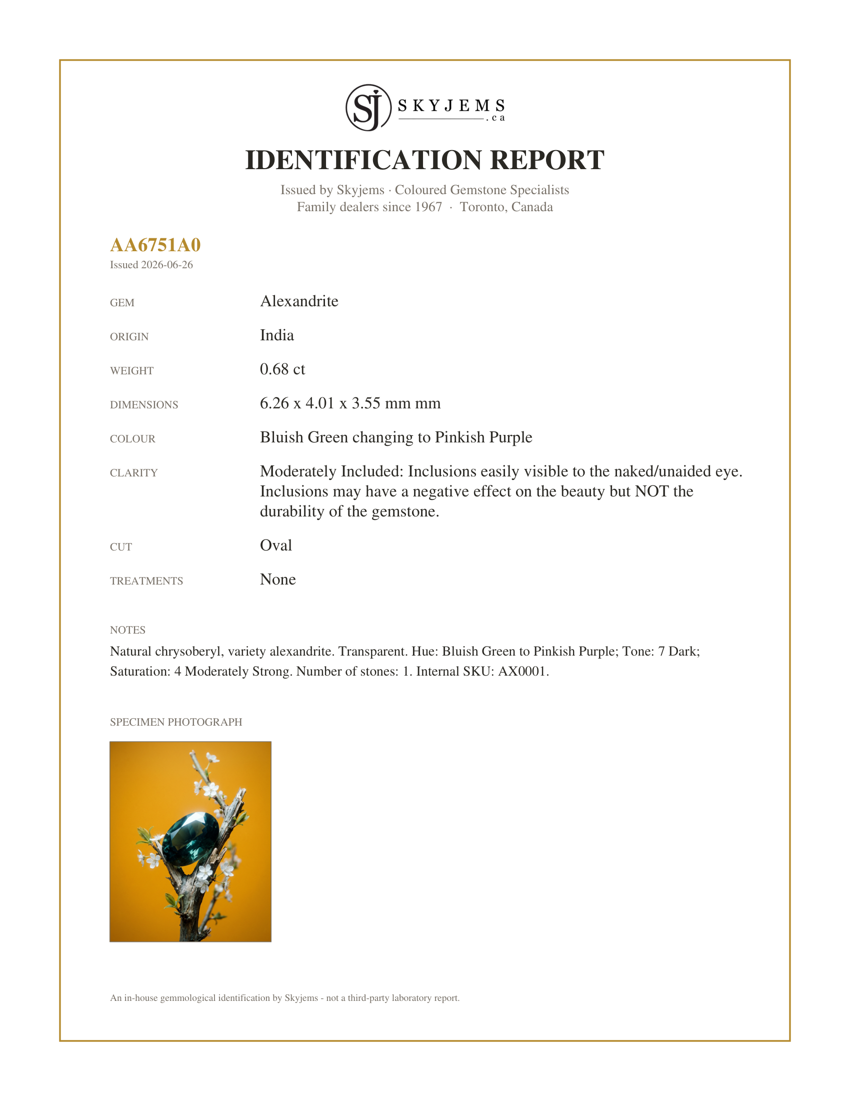 Skyjems Identification Report for AX0001 — 0.68ct Oval Bluish Green to Pinkish Purple Alexandrite from India