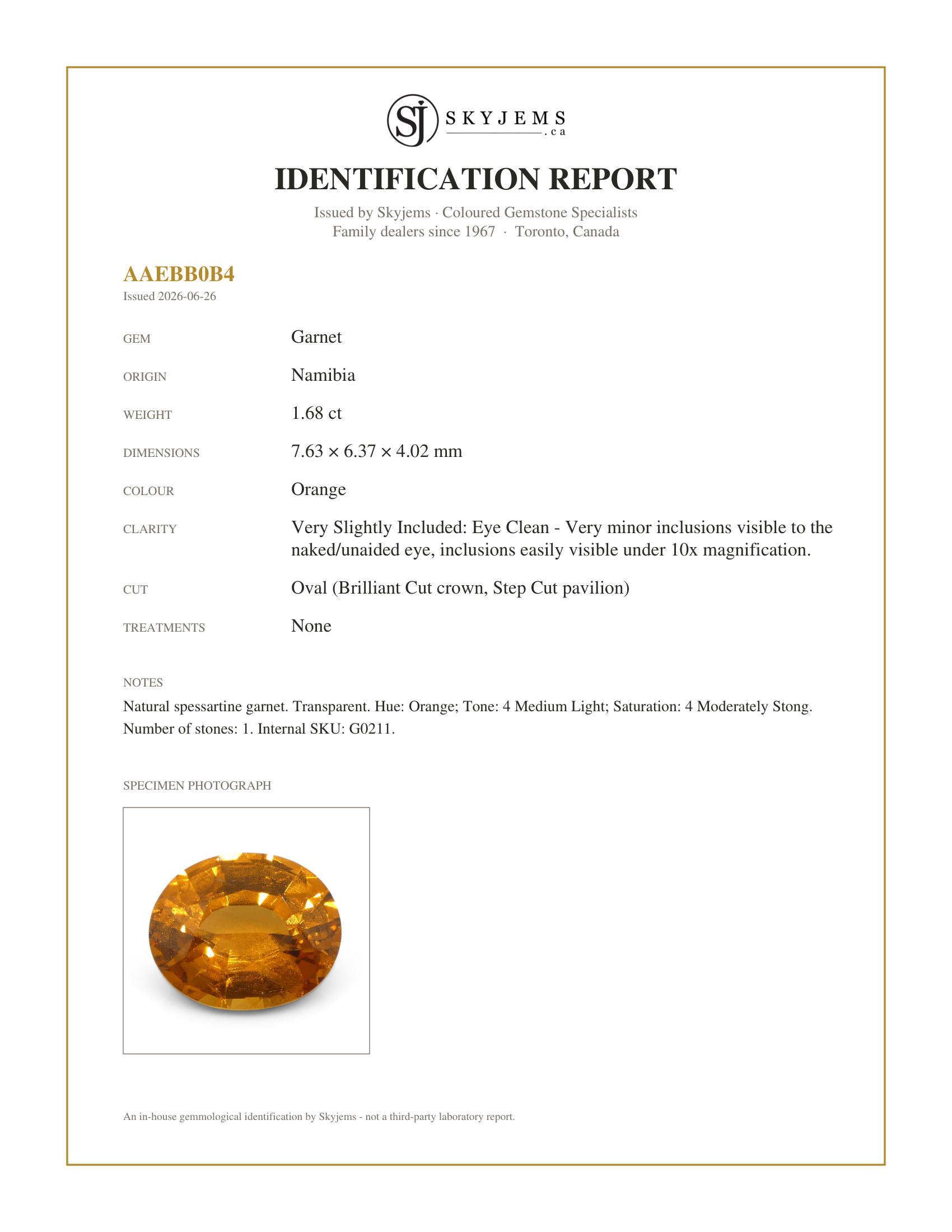 Skyjems Identification Report for G0211 — 1.68ct Oval Fanta Orange Mandarin Spessartite/Spessartine Garnet from Namibia