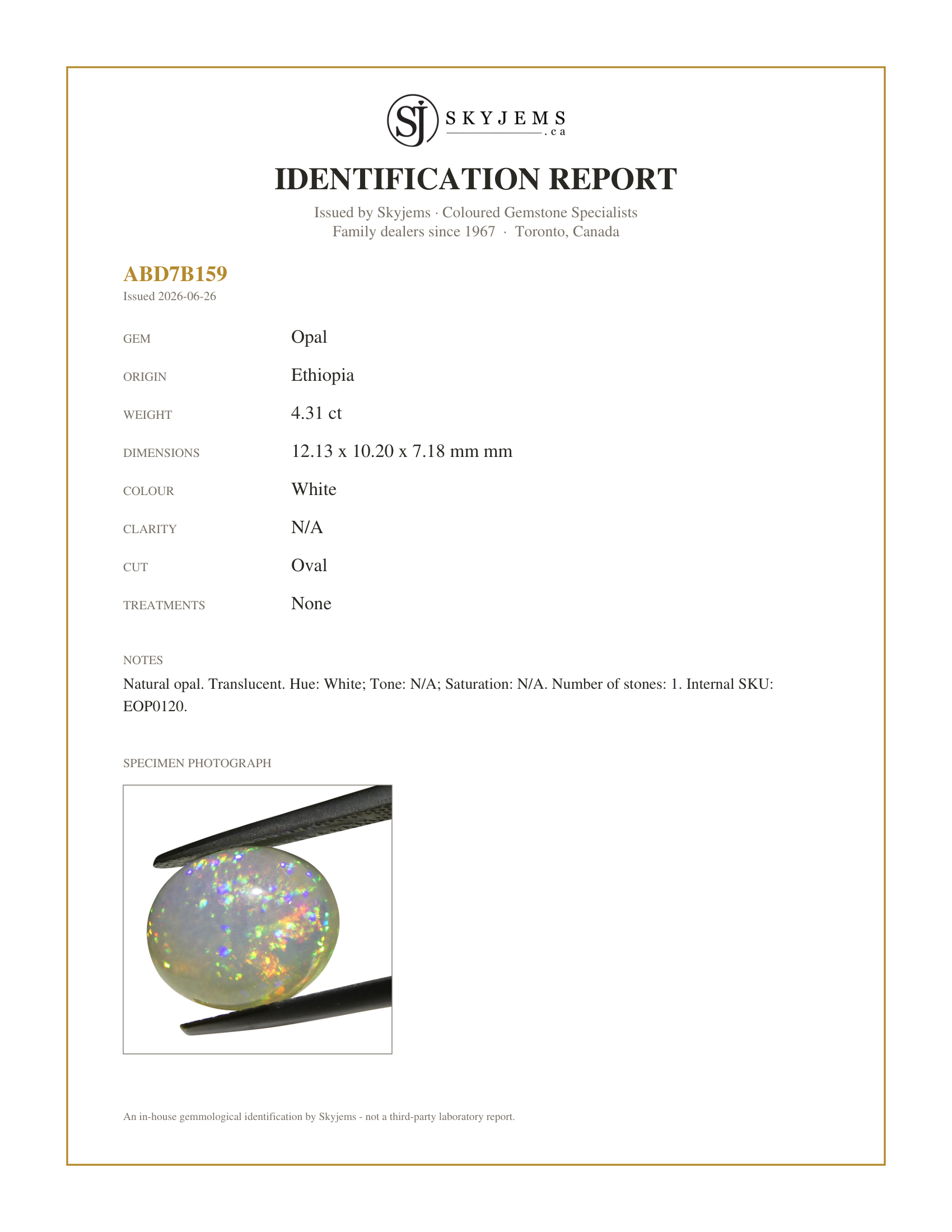 Skyjems Identification Report for EOP0120 — 4.31ct Oval Cabochon White Crystal Opal from Ethiopia