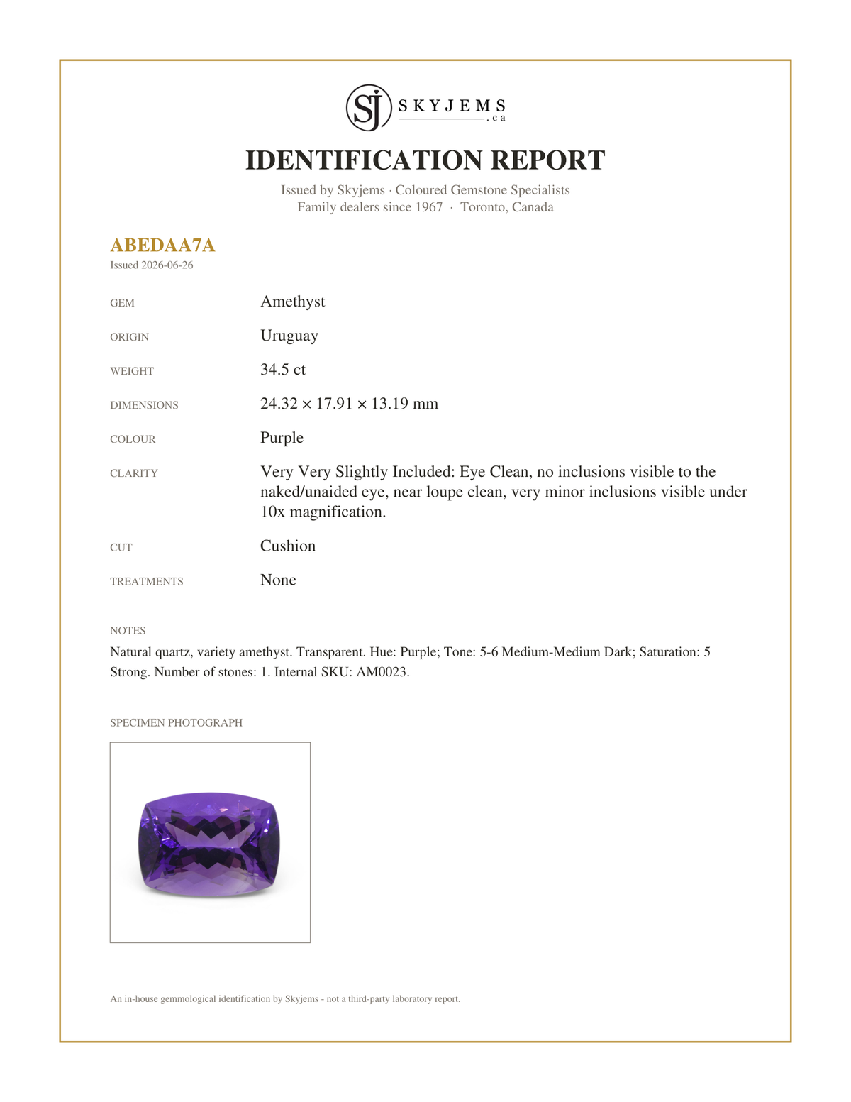Skyjems Identification Report for AM0023 — 34.5ct Cushion Purple Amethyst from Uruguay