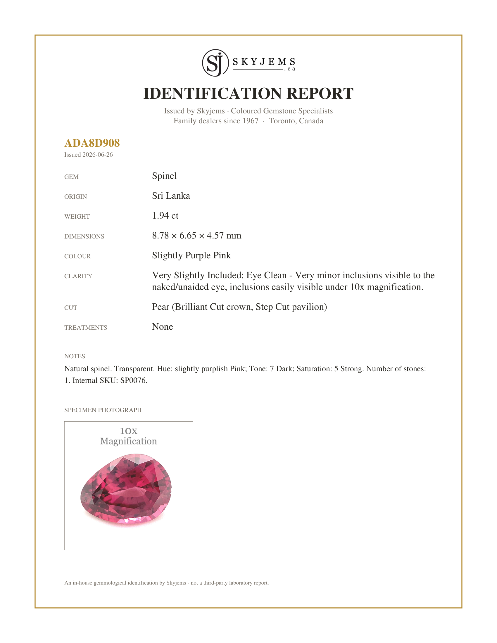 Skyjems Identification Report for SP0076 — 1.94ct Pear Pink Spinel from Sri Lanka Unheated