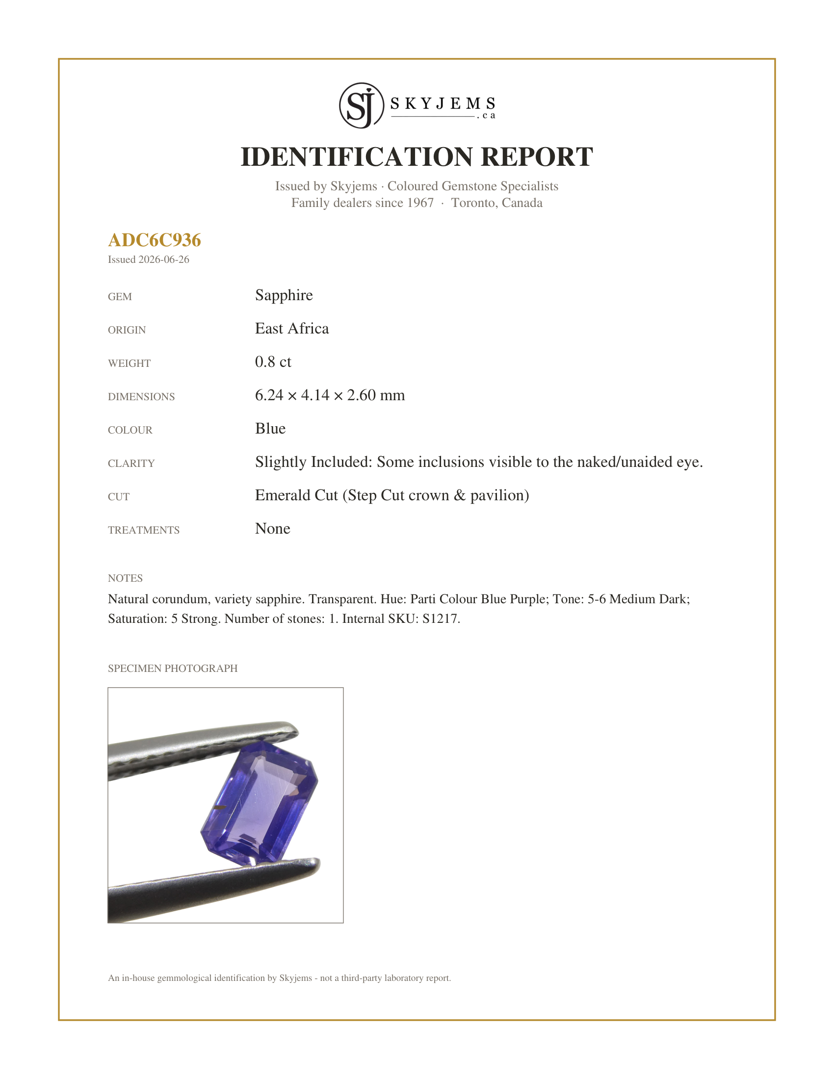 Skyjems Identification Report for S1217 — 0.8ct Emerald Cut Blue Sapphire from East Africa, Unheated